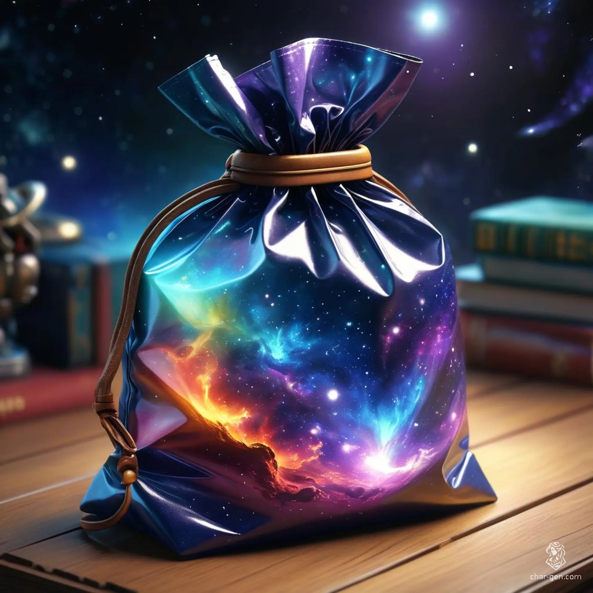 The Bag of Holding is a magical satchel with an elegantly crafted exterior that belies its extraordinary feature: an infinite, ever-expanding space within. Designed with intricate patterns and shimmering runes, it effortlessly conceals entire worlds, awaiting the adventurer who dares to explore its depths.
