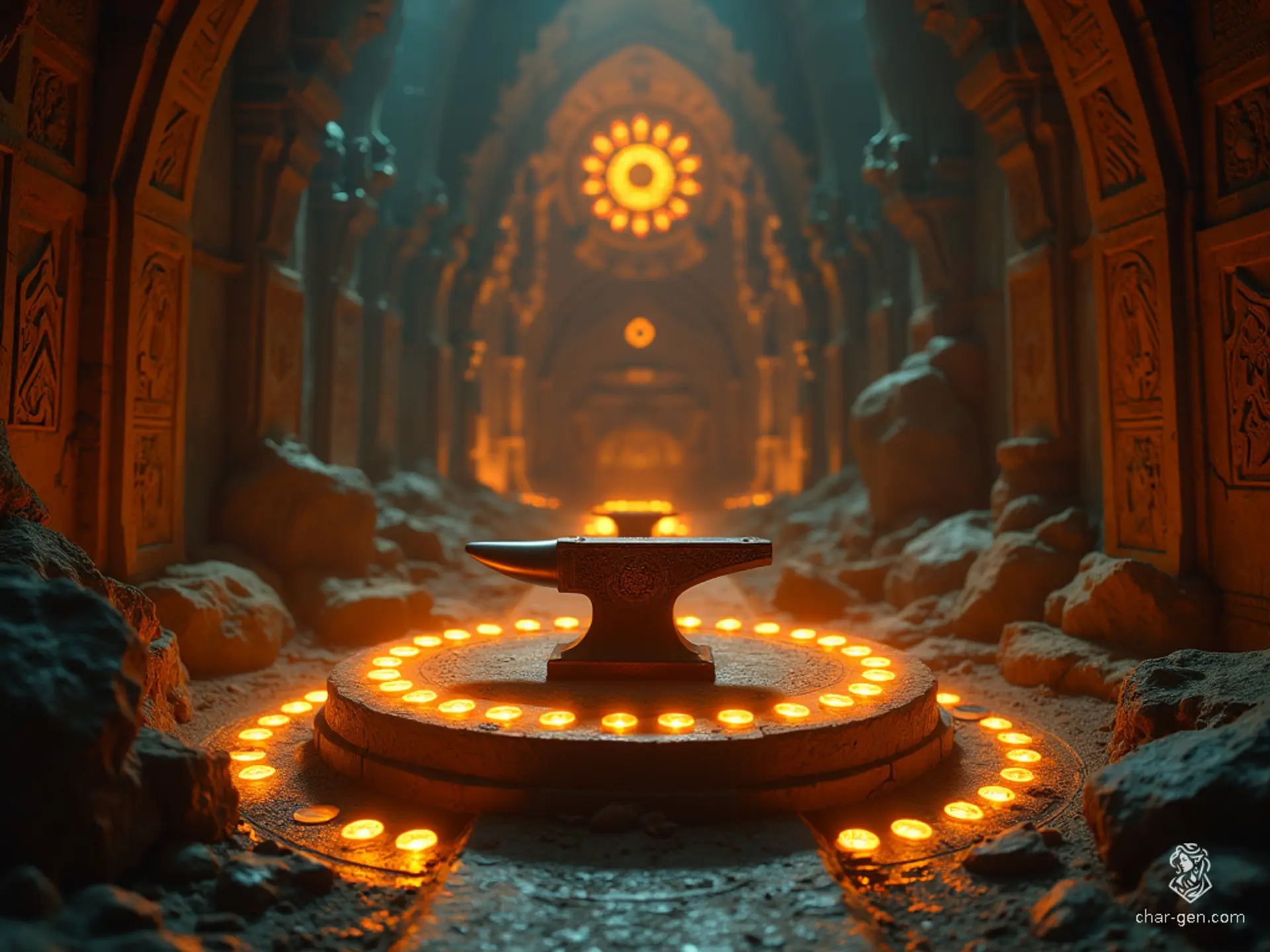 In a mesmerizing underground chamber, a glowing forge emanates a warm, golden light. Softly glowing runes surround the anvil, while intricate carvings and shimmering crystals adorn the cavernous walls, crafting an atmosphere of ancient magic and boundless wonder.