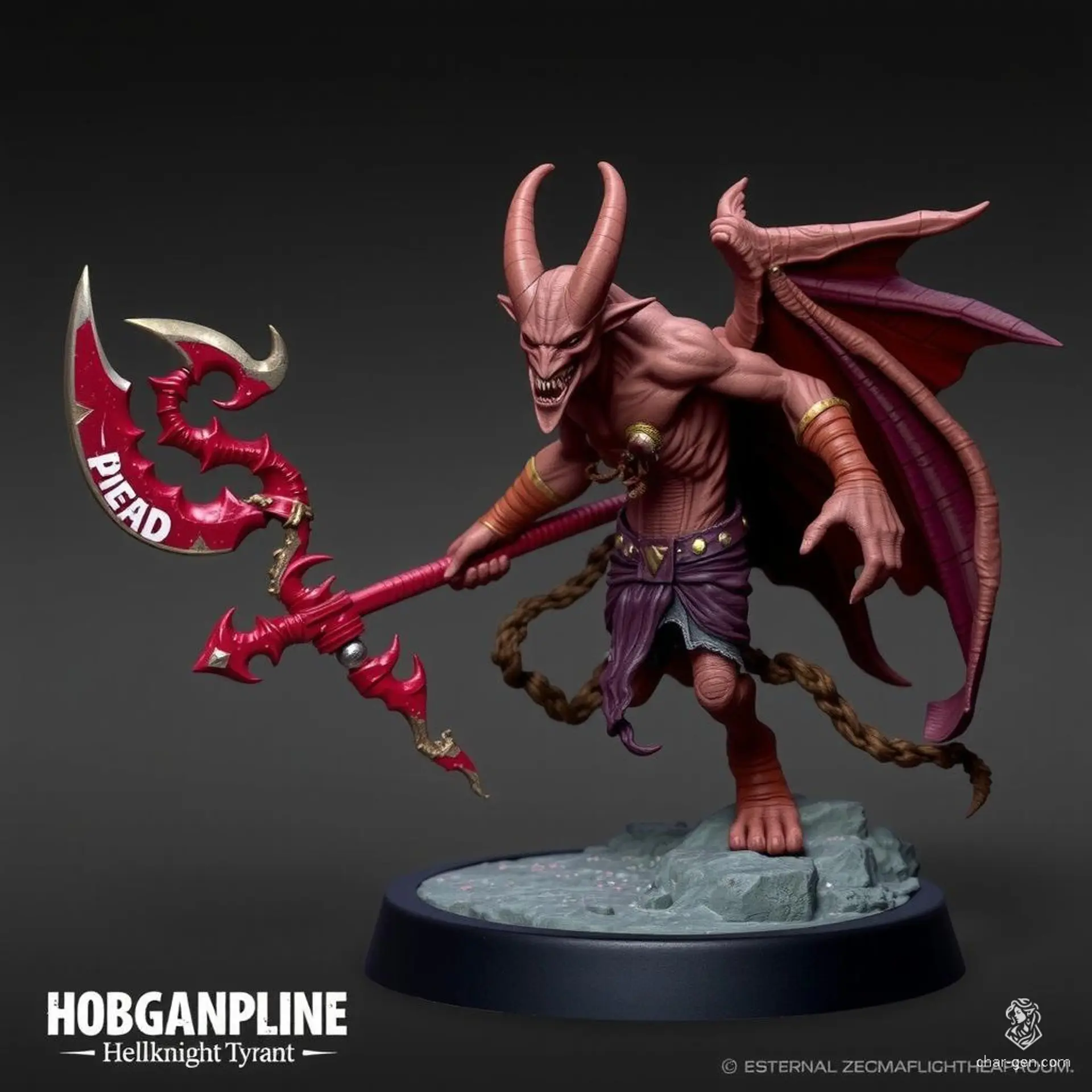 A fearsome Hobgoblin Hellknight Tyrant, clad in infernal armor, wields fiery chains and commands legions with ruthless authority. This tyrant, fueled by dark magic and relentless ambition, seeks to dominate realms and bend them to his will, leaving destruction in his wake.