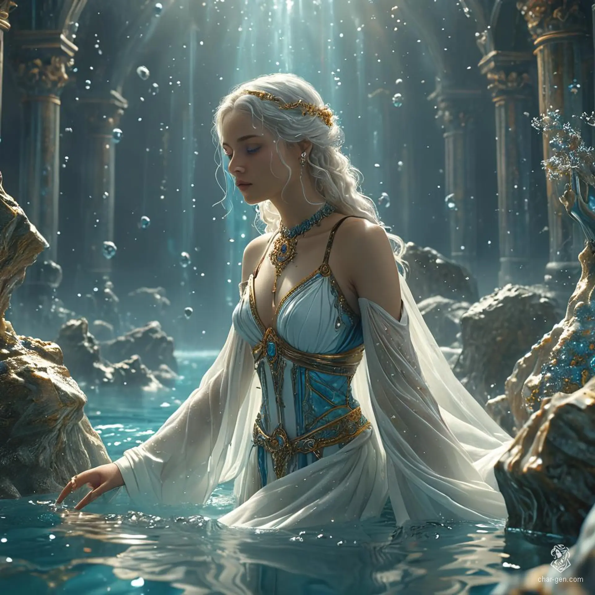 A radiantly tan-skinned female aasimar barbarian with an angelic aura and unusual colored eyes. Her rugged, wild appearance is accentuated by her braided hair and bikini, exuding both divine grace and fierce strength.