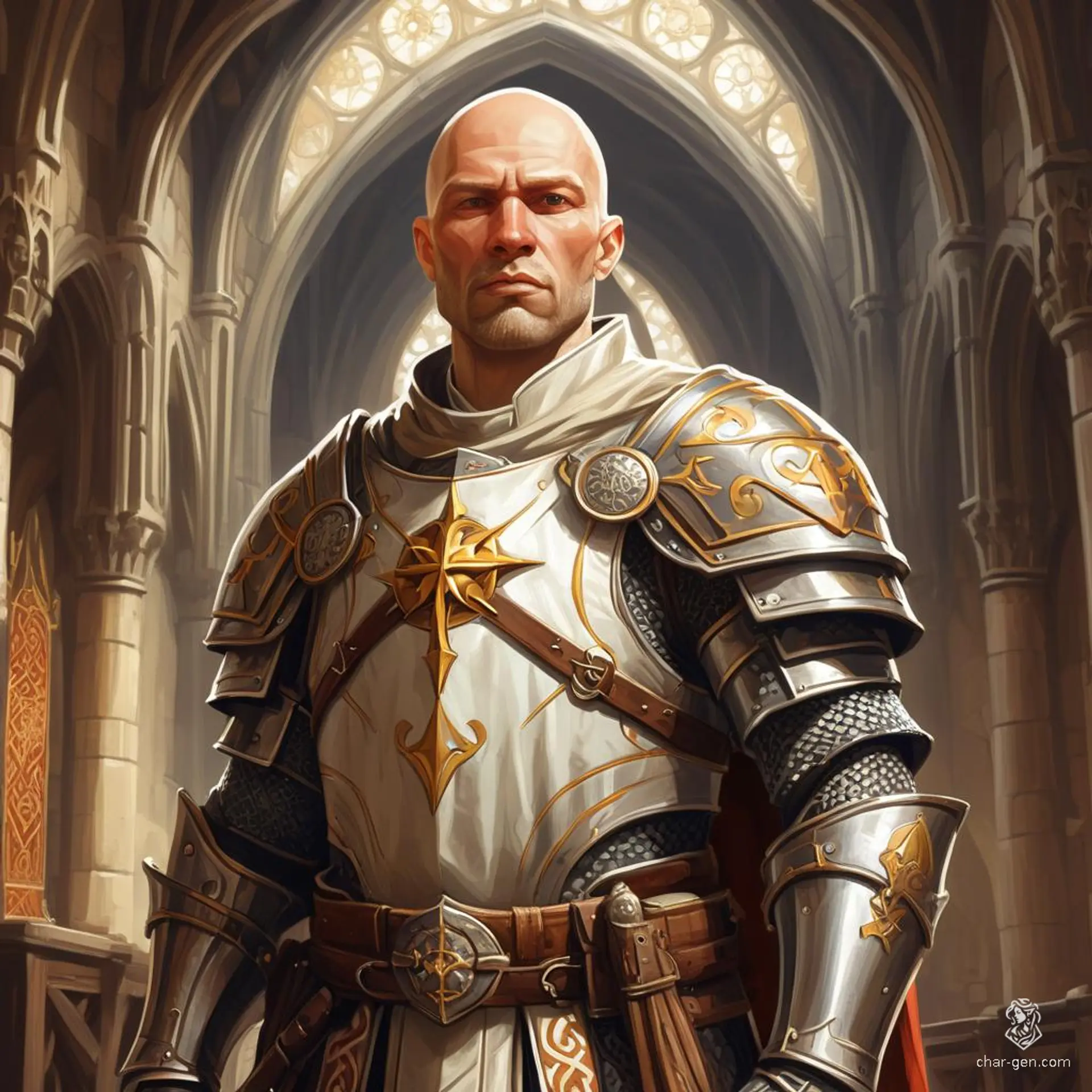 A dignified male paladin, light-skinned with balding hair, works as an armorer in an armory surrounded by suits of armor, hammers, and anvils. Clad in full templar armor adorned with a sun symbol, he crafts protection for warriors with a protective stance.