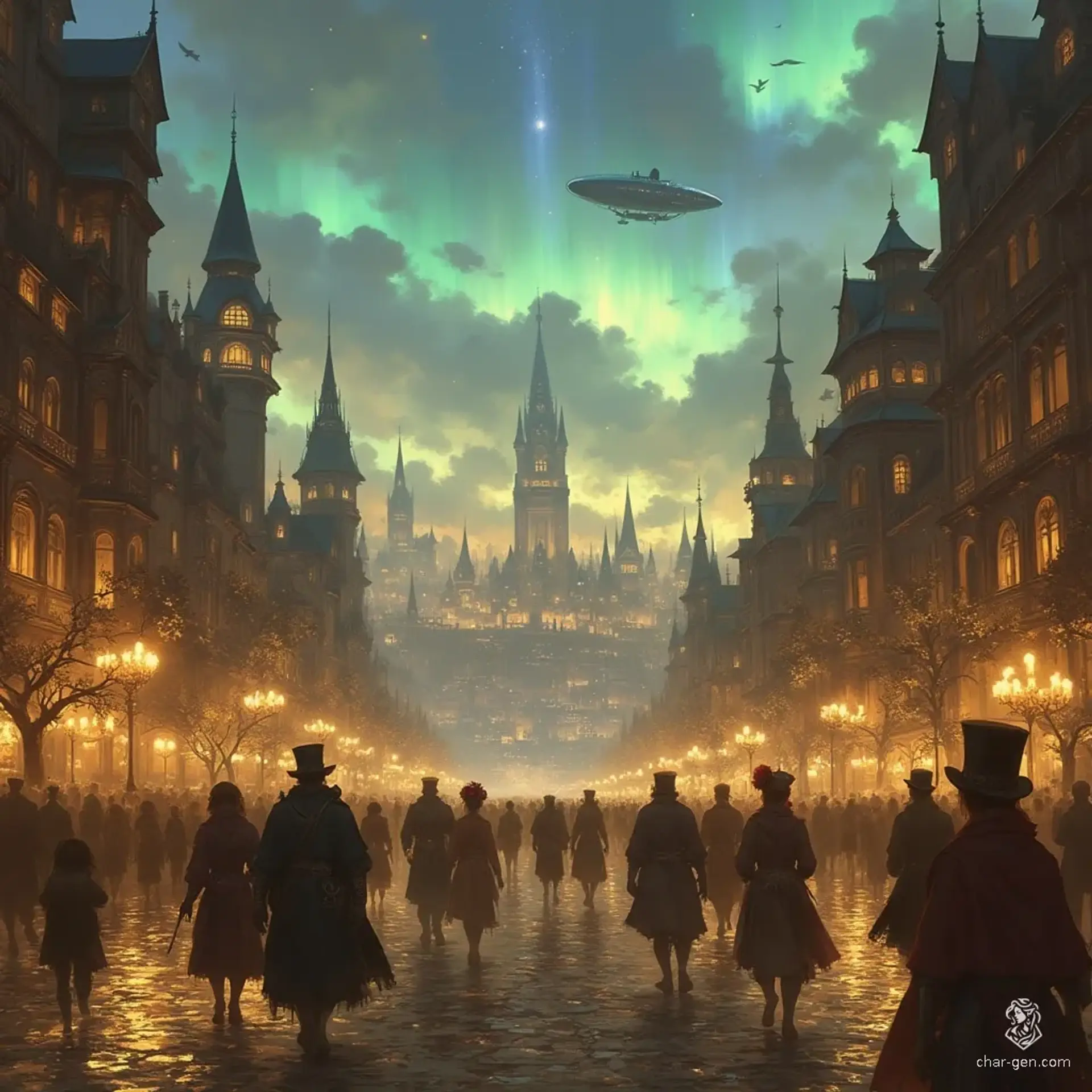 In a vibrant fusion of Victorian elegance and clockwork innovation, the steampunk city of Oslo pulses with life. Gleaming brass gears and steam-churning machines define its skyline, while glowing copper pipes snake through cobblestone streets. Airships drift above, under the ethereal embrace of a mesmerizing aurora borealis, creating a dreamlike ambiance.