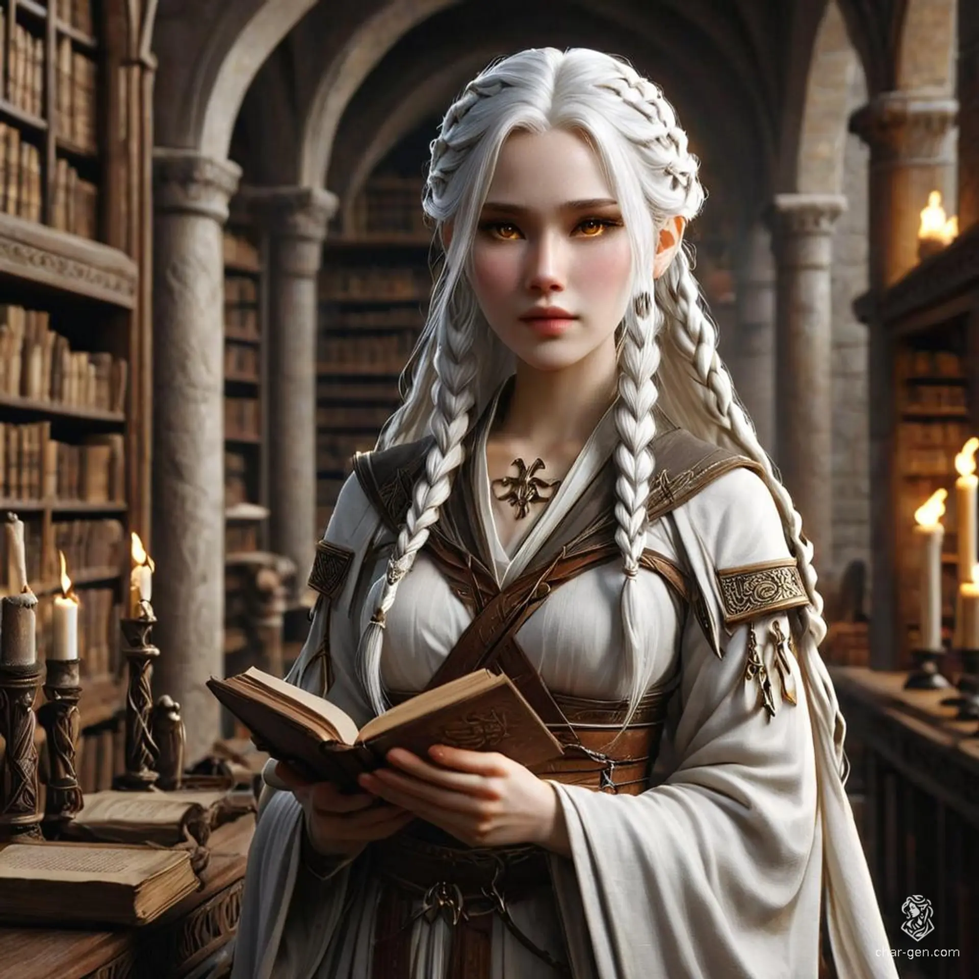 A serene, pale-skinned Asian female with flowing braids of bright white hair and yellow eyes works diligently as a scribe. Dressed in long Roman robes, she wields a quill amidst parchments and ink, her prominent holy symbol embodying sacred devotion.