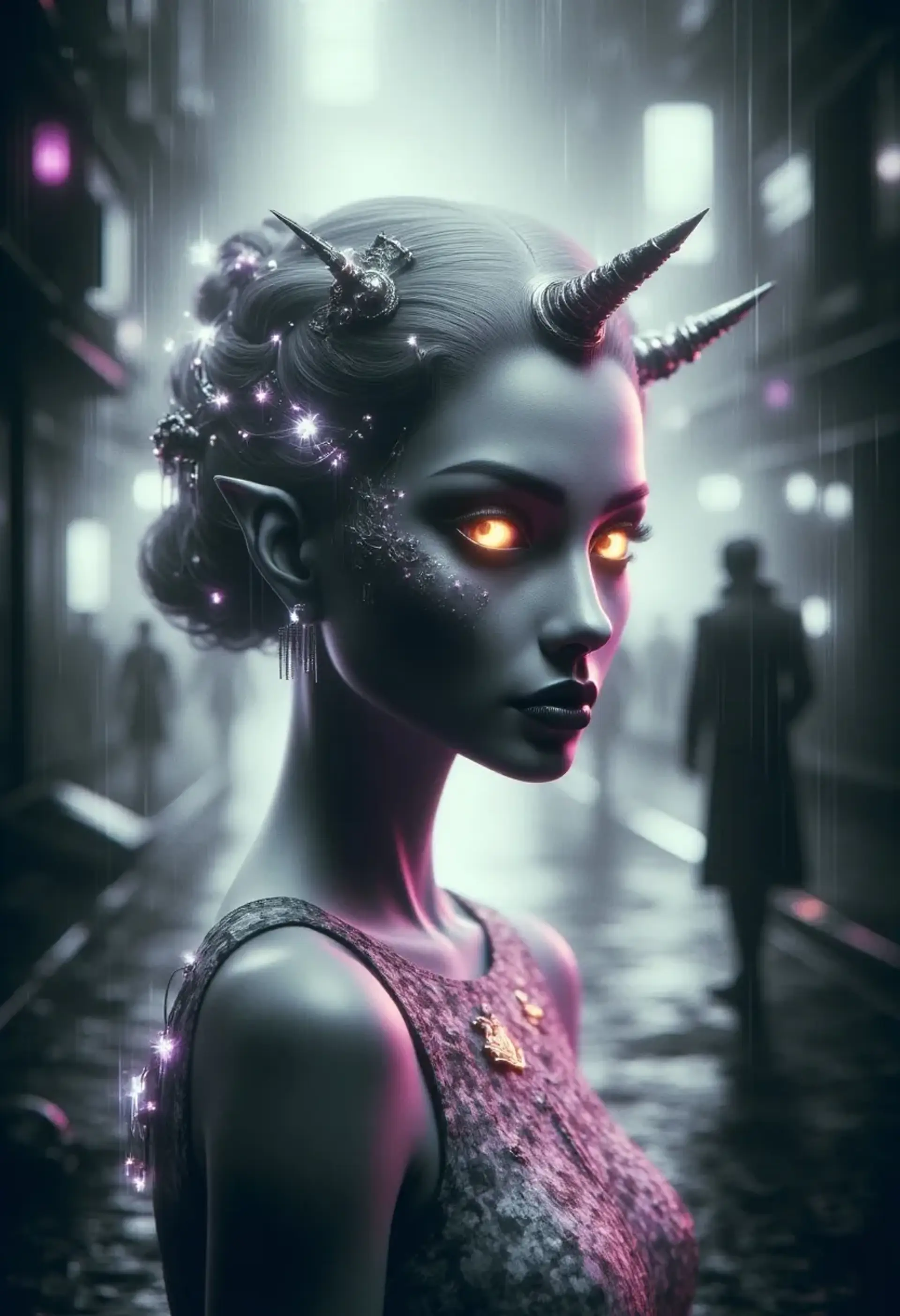 A mysterious elven entity with glowing yellow eyes and crystalline white hair, blending ethereal grace with subtle cybernetic hints. Draped in silver-accented attire, she inhabits a shadowy, rain-soaked urban forest where magic and technology intertwine beneath neon-lit skies.
