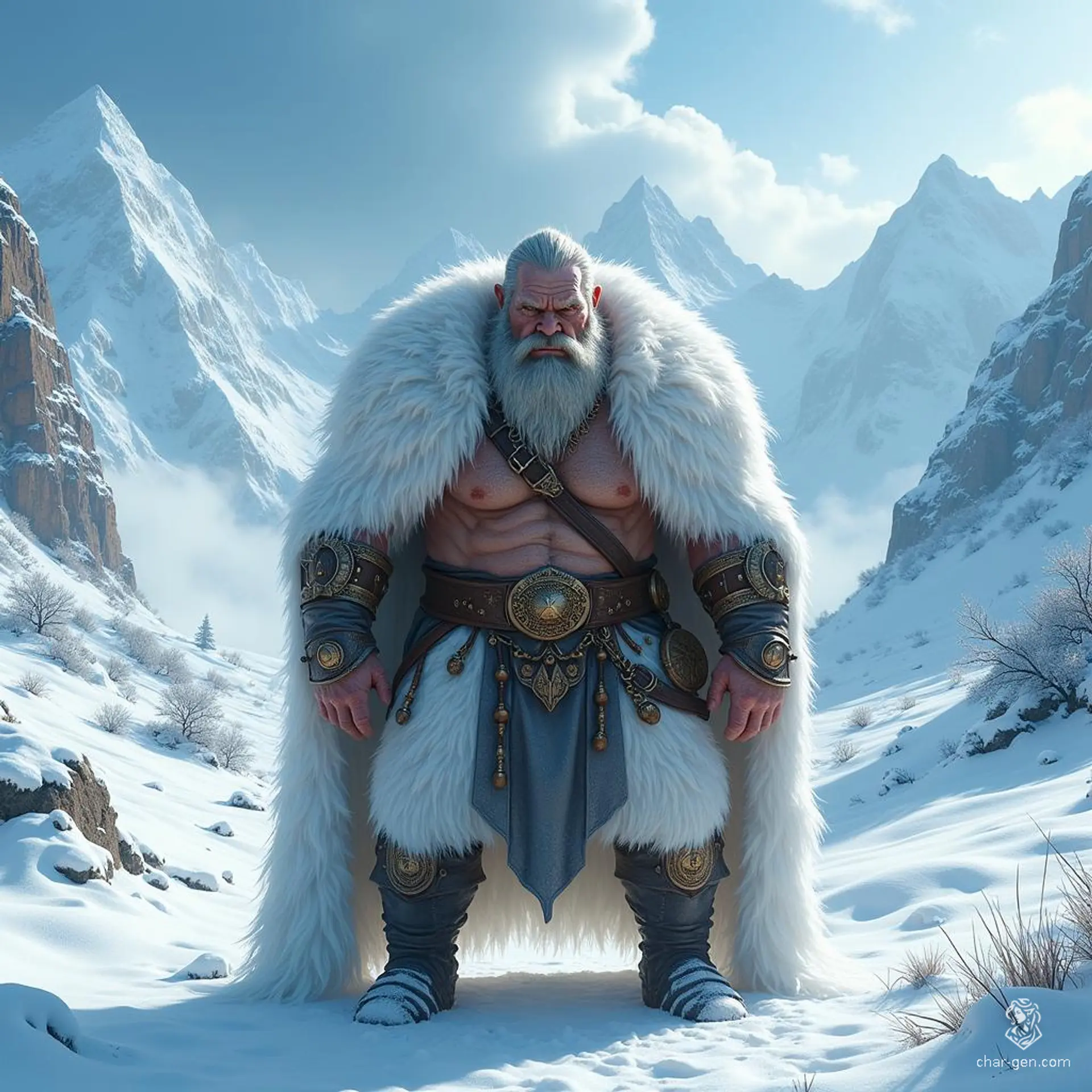 Elderly yet formidable, this rugged barbarian chief commands respect with his hulking presence. Dressed in simple villager attire and a striking white fur cloak, his fierce demeanor masks a lifetime of leadership, survival, and the untamed spirit of the wilderness he calls home.