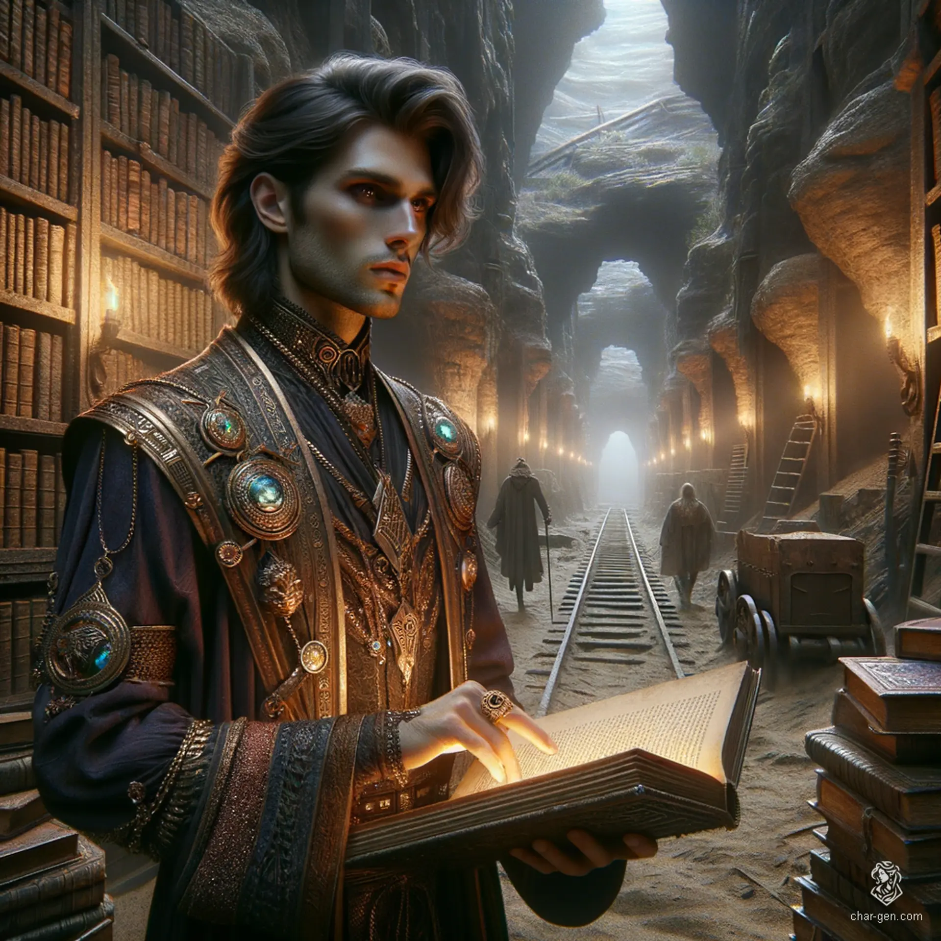 A male, medium-skinned wizard with long hair and enchanted garments adorned with arcane sigils. He wields a magical tome or staff and works as a librarian, preserving ancient texts among towering bookshelves.