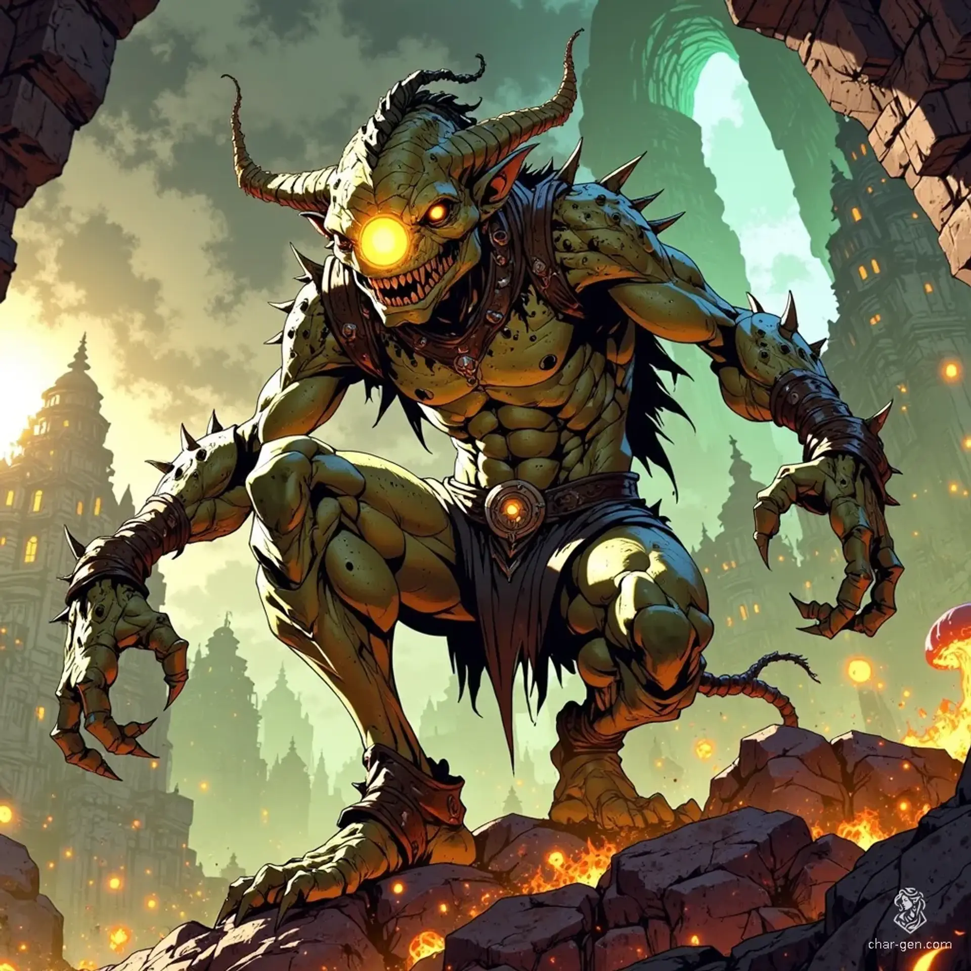 In a surreal, pastel-hued landscape, a gaunt, hunched creature perches on a rock. Its blotchy greenish-gray skin and clawed limbs contrast with the intense orange glow of its central eye, which peers with unsettling intelligence. Short, spiky protrusions crown its head, framing a wide, menacing grin filled with razor-sharp teeth.