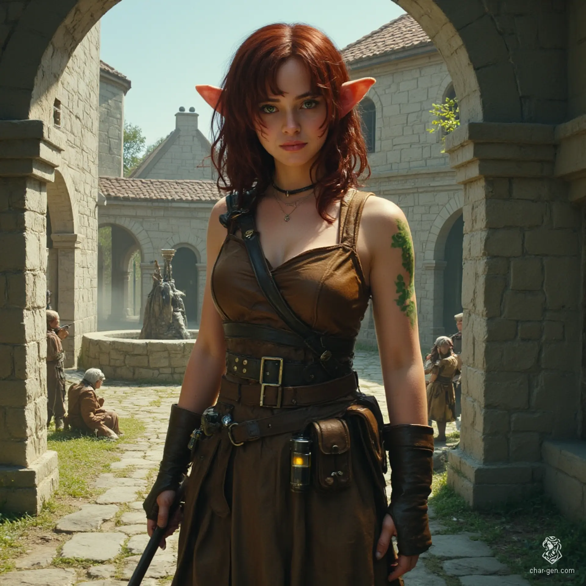 Izzy is a youthful, grizzled halfling assassin with pale skin and patches of shimmering green scales. Her striking yellow-green, snake-like eyes and mischievous half-smile mask her lethal competence. Clad in brown leather armor and equipped with poisons, she embodies the thrill and danger of the hunt.