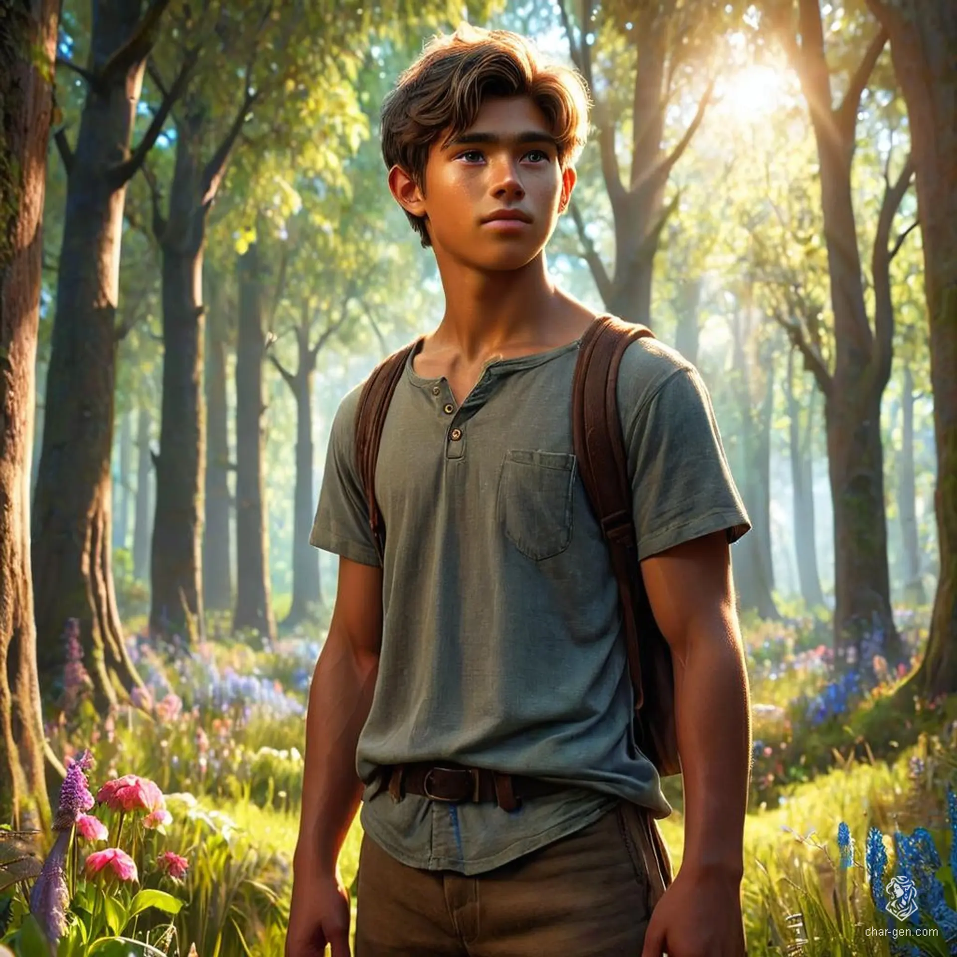 A 16-year-old male, standing 5'9", with broad shoulders and a strong build. He has tan olive skin, light brown eyes, and thick dark brown, shaggy hair. A ranger and farmer, he wields hoes and scythes, dressed in late 1800s farmer's attire.