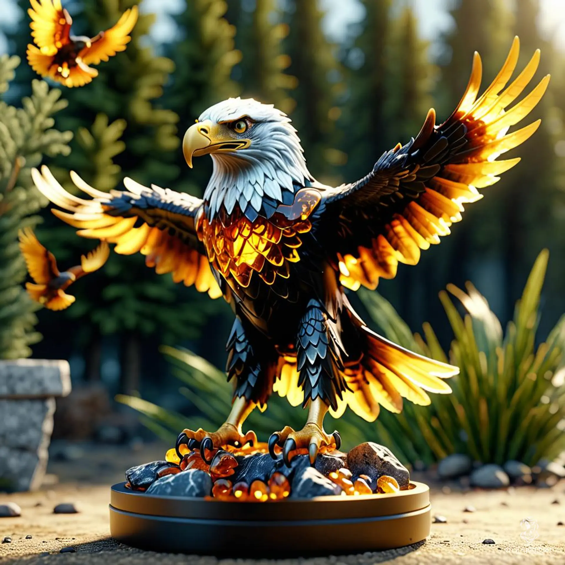 The Amber Eagle is a mesmerizing figurine, crafted from pure amber and intricately shaped to depict an eagle in mid-flight. It radiates a warm, golden glow, imbuing any space with an air of strength and protection. Legends say it grants the bearer clarity of vision, both in mind and spirit, allowing them to soar above challenges and see the truth hidden in shadows.