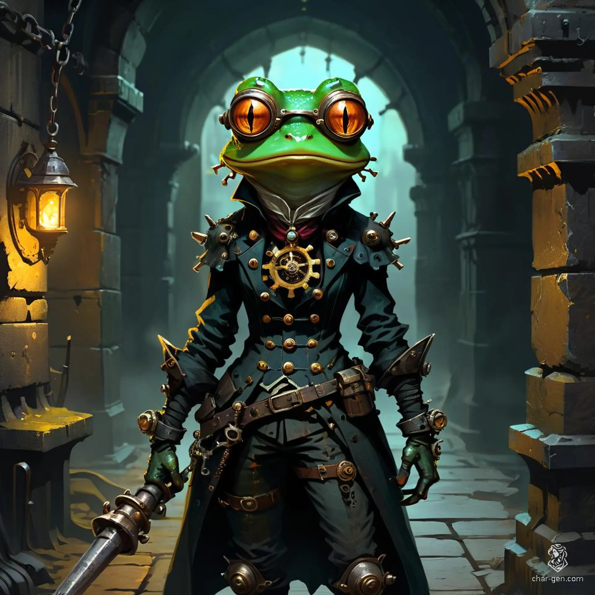 Meet Zephra, a tiny, stealthy female grung assassin with vibrant, colorful skin. Clad in dark clothing, she expertly maneuvers through shadows, wielding concealed daggers with lethal precision. Her frog-like agility and cunning make her a dangerous, unseen threat.
