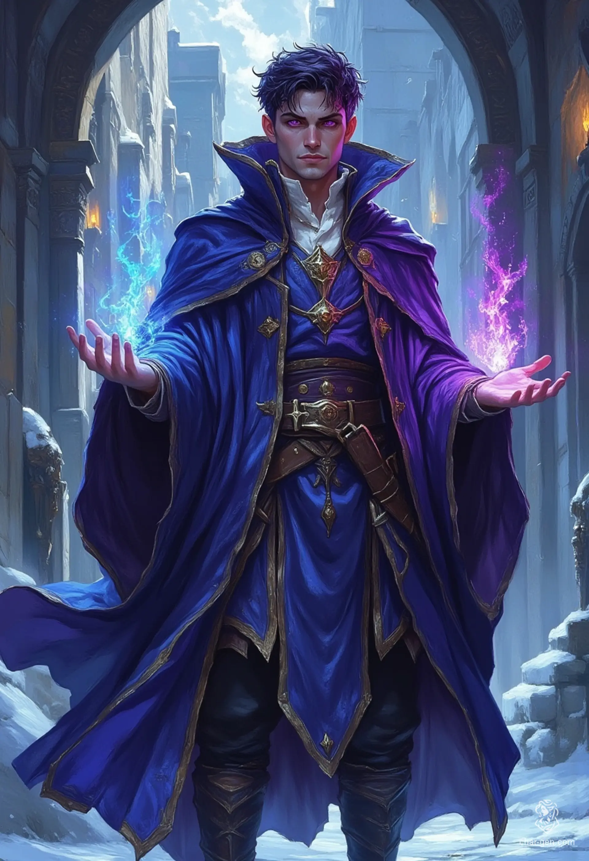 A striking portrait of a slender, ethereal male figure stands against an icy landscape, his glowing violet eyes piercing through the cold. Clad in an elaborate dark blue robe, his short, dark purple hair sways in the frigid wind as magic emanates from his beautifully detailed hands, creating an enchanting aura.