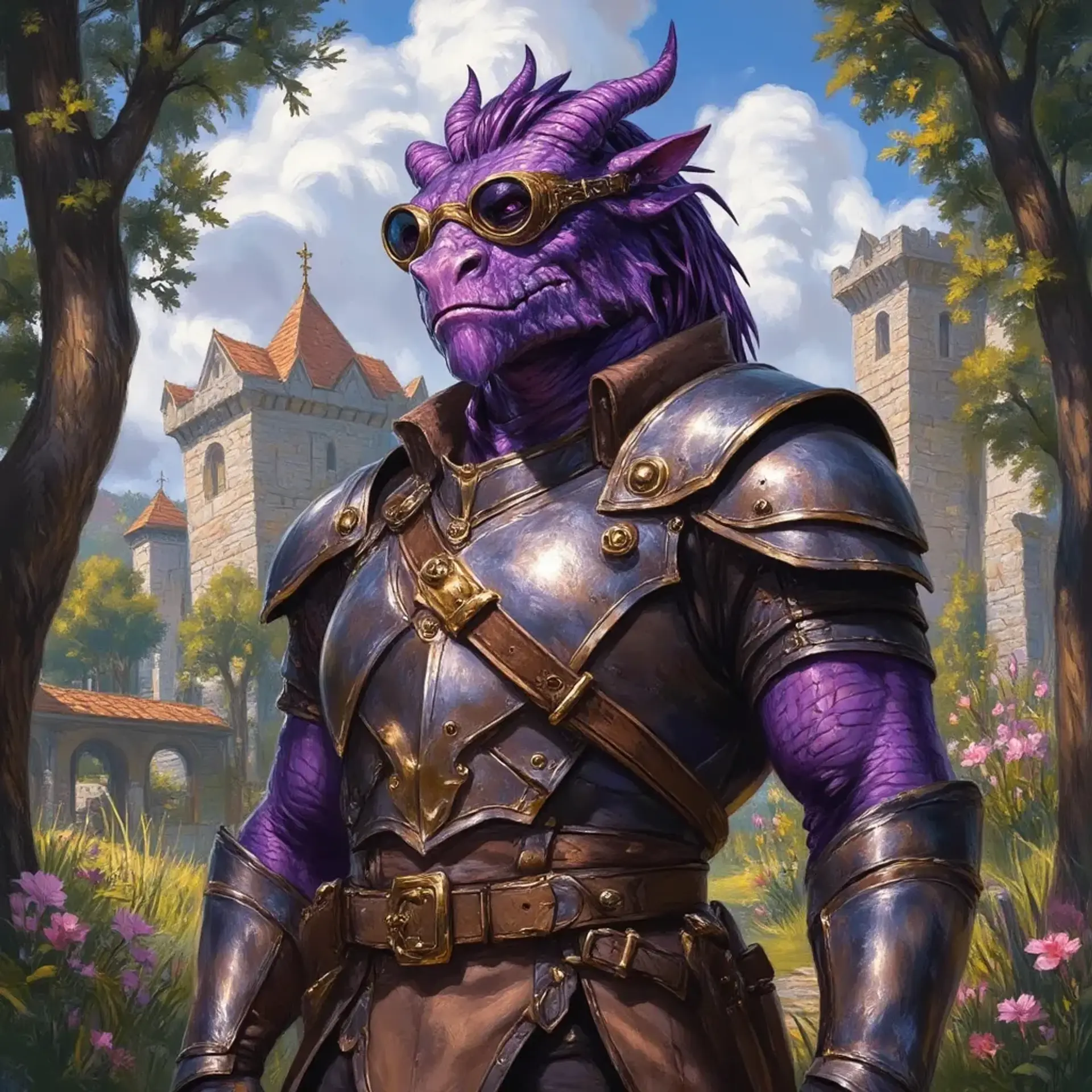 Meet Kaelith, a 30-year-old male Gem Dragonborn artificer. With intricate goggles perched atop his head, he expertly wields a variety of mechanical devices. His distinct purple skin shimmers in the light, embodying both the craftsmanship of his creations and the mystique of his draconic heritage.