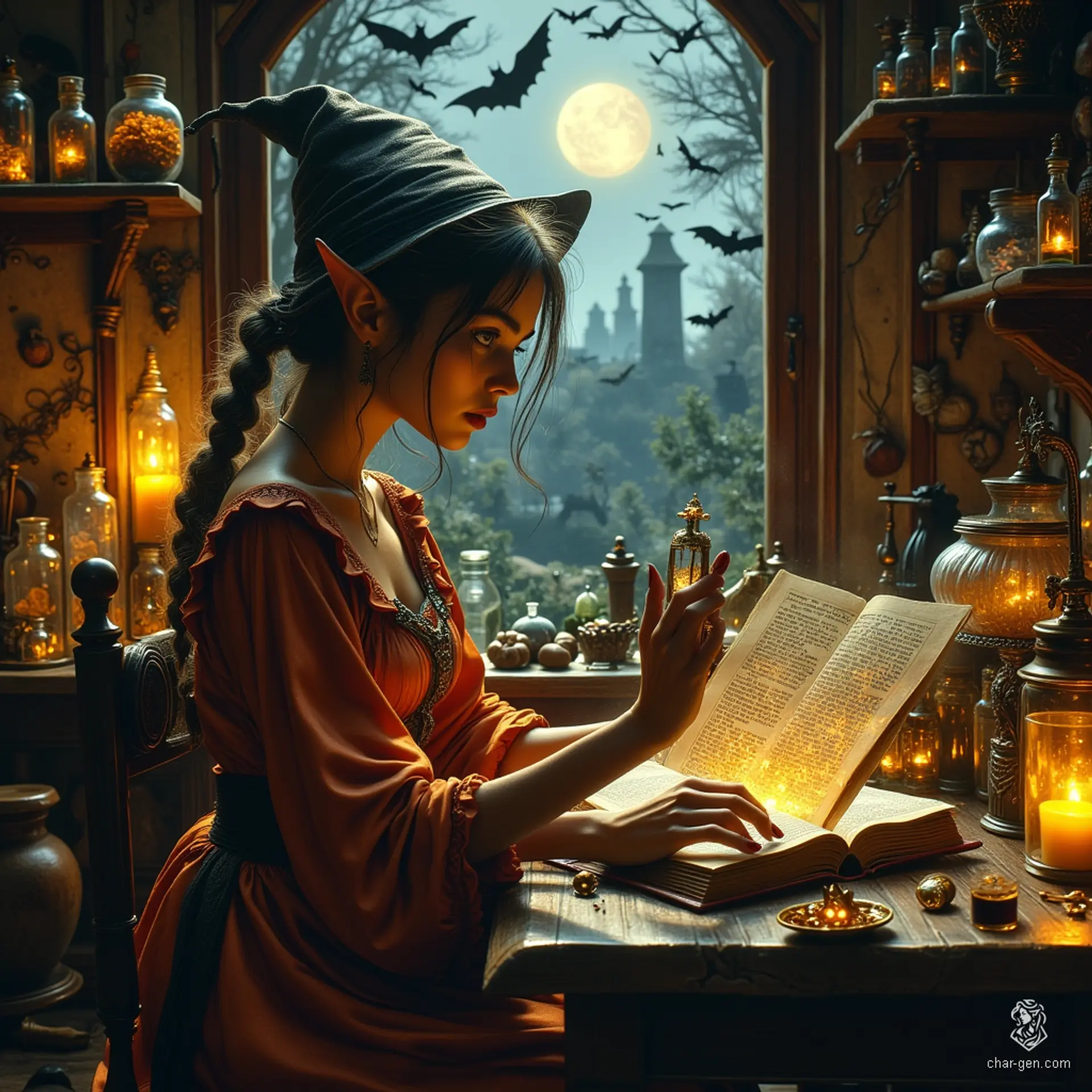 Maryam, the Apothecary Witch, is a charming older elf with tanned skin and bright topaz eyes, embodying wisdom and curiosity. With her shoulder-length, tea-colored hair streaked in grey, she skillfully concocts potions in her cozy lab, guided by the gentle presence of her ghostly spider familiar.