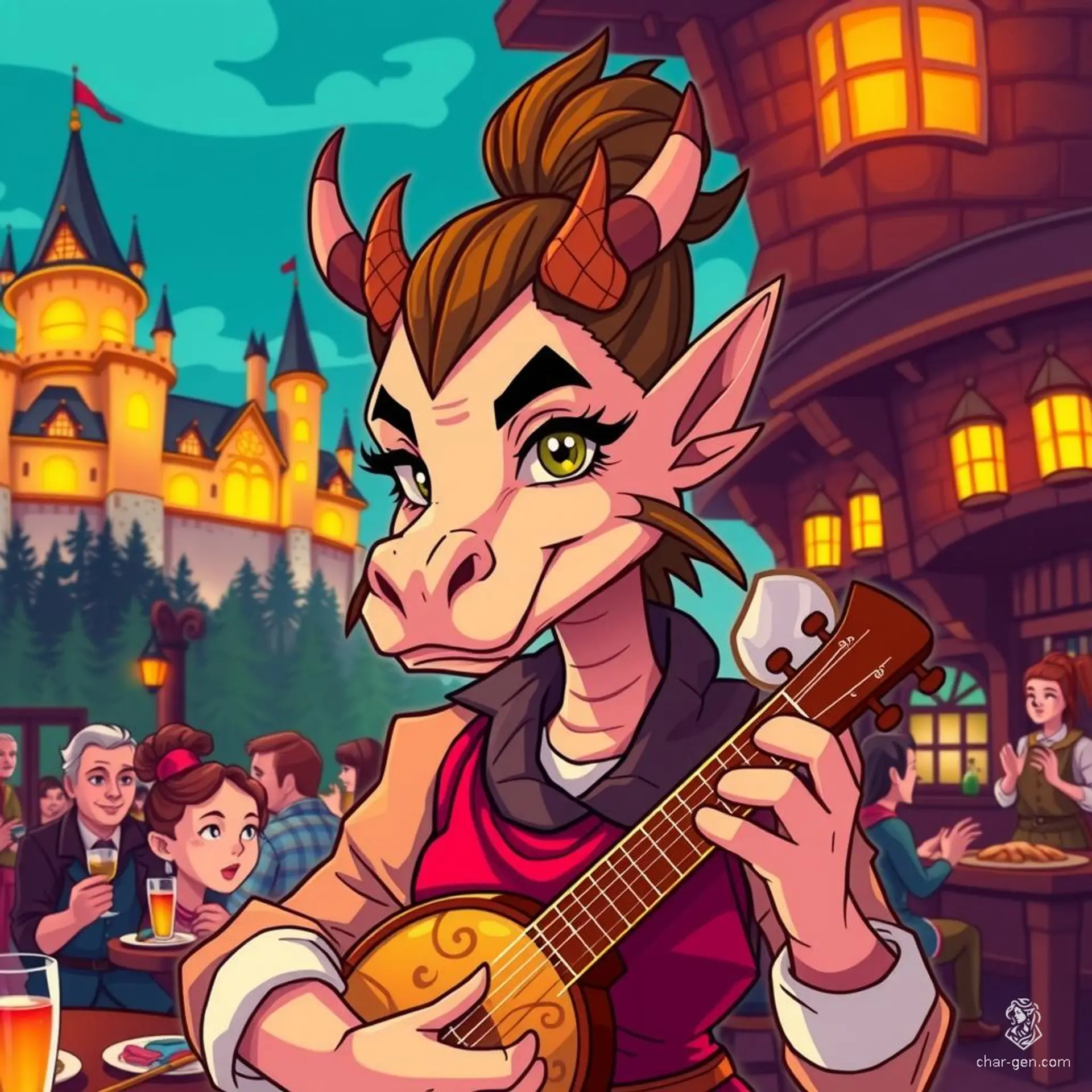 Her name is Seraphina, an enchanting female dragonborn bard with fair skin scales, frilled ears, and a dragon-like snout. As an innkeeper, she expertly manages the bustling tavern, captivating patrons with her magical lute and seductive charm. Intelligent eyes and a radiant smile make her unforgettable.