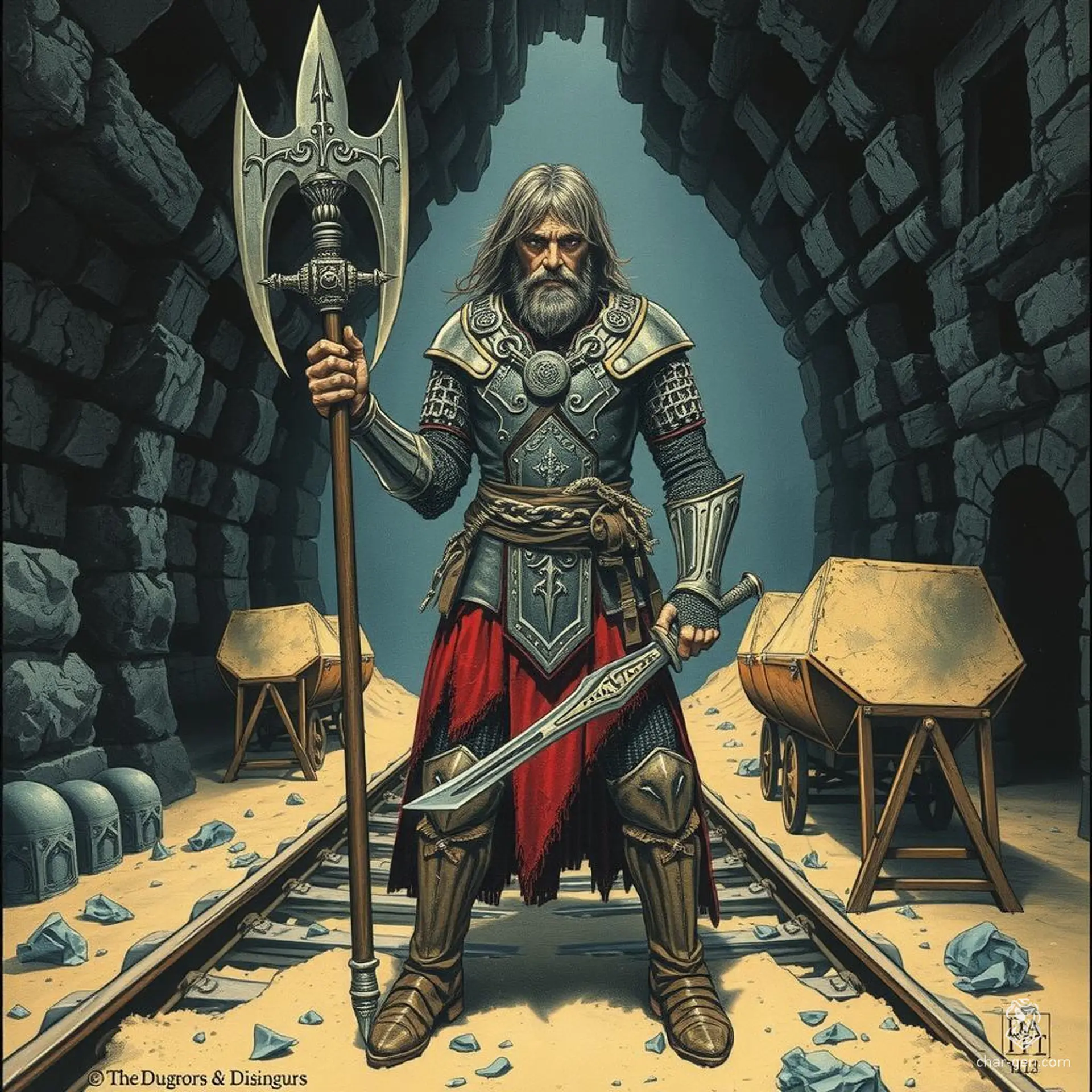 Dabbert Hahft, a robust human battlemaster, stands confidently with a halberd in hand. Clad in intricately detailed chain mail, this hardy, strong soldier's medium build and varied arsenal make him a formidable fighter on any battlefield.