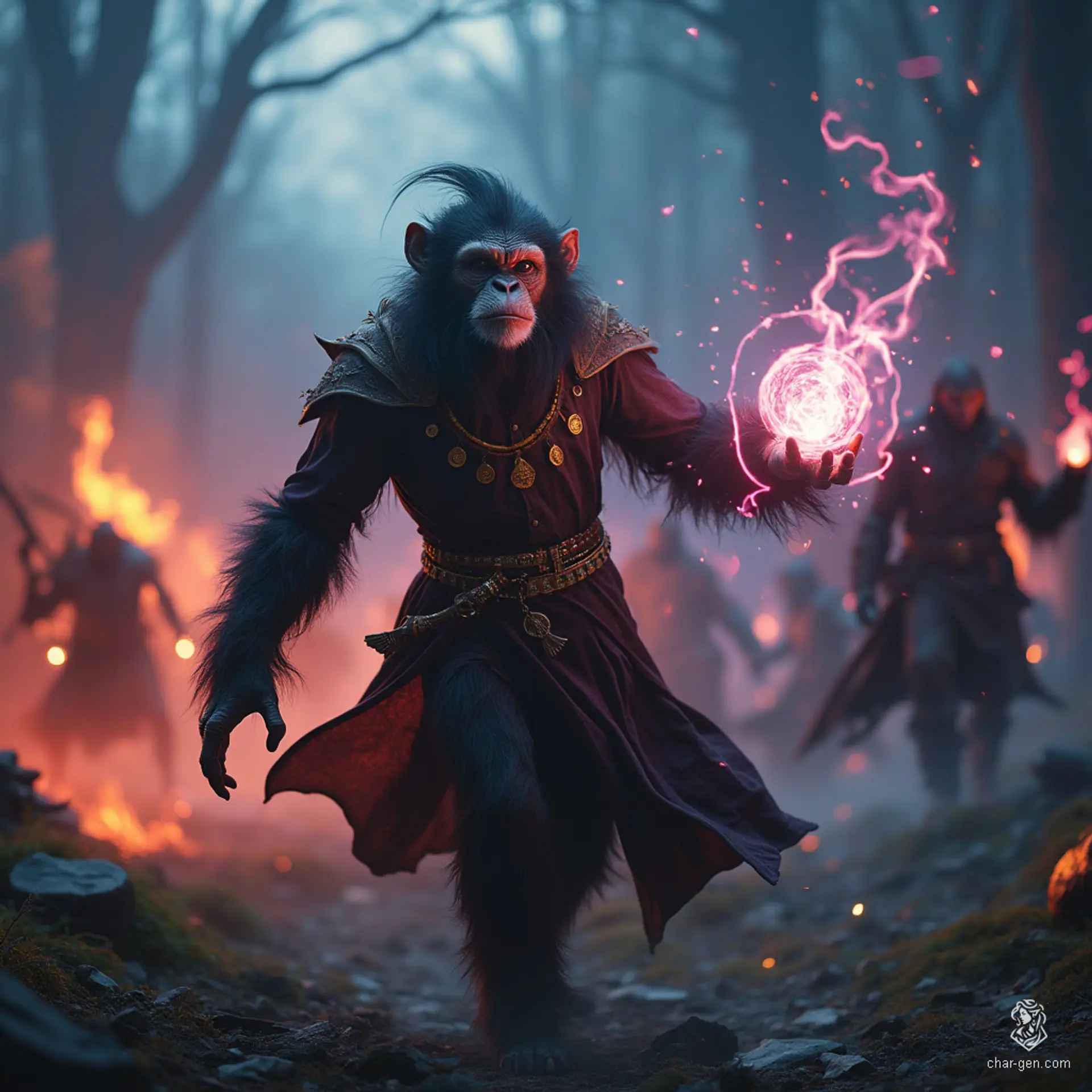 An agile, one-year-old male Hadozee wizard with anthropomorphic ape features and a 1024x1024 build. Clad in enchanted garments adorned with arcane sigils, he wields a magical tome or staff to channel his powerful spells.