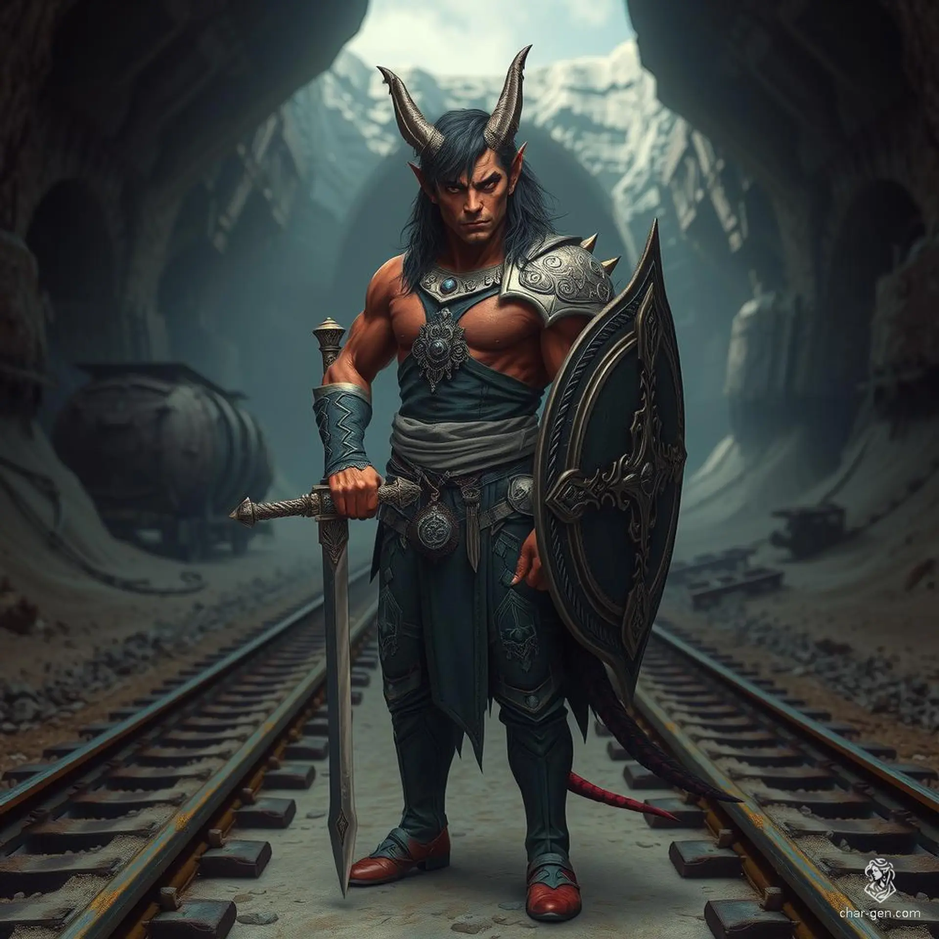 Eremiel is a 17-year-old tiefling paladin with red skin, yellow eyes, and jet-black hair. Standing 5'7", he possesses a dignified aura and a strong, protective stance. Raised as an acolyte in a temple, his faith guides his pacifist nature. Despite his demonic heritage, Eremiel wields a longsword and a broad, intricately detailed shield, devoted to protecting his sanctuary.