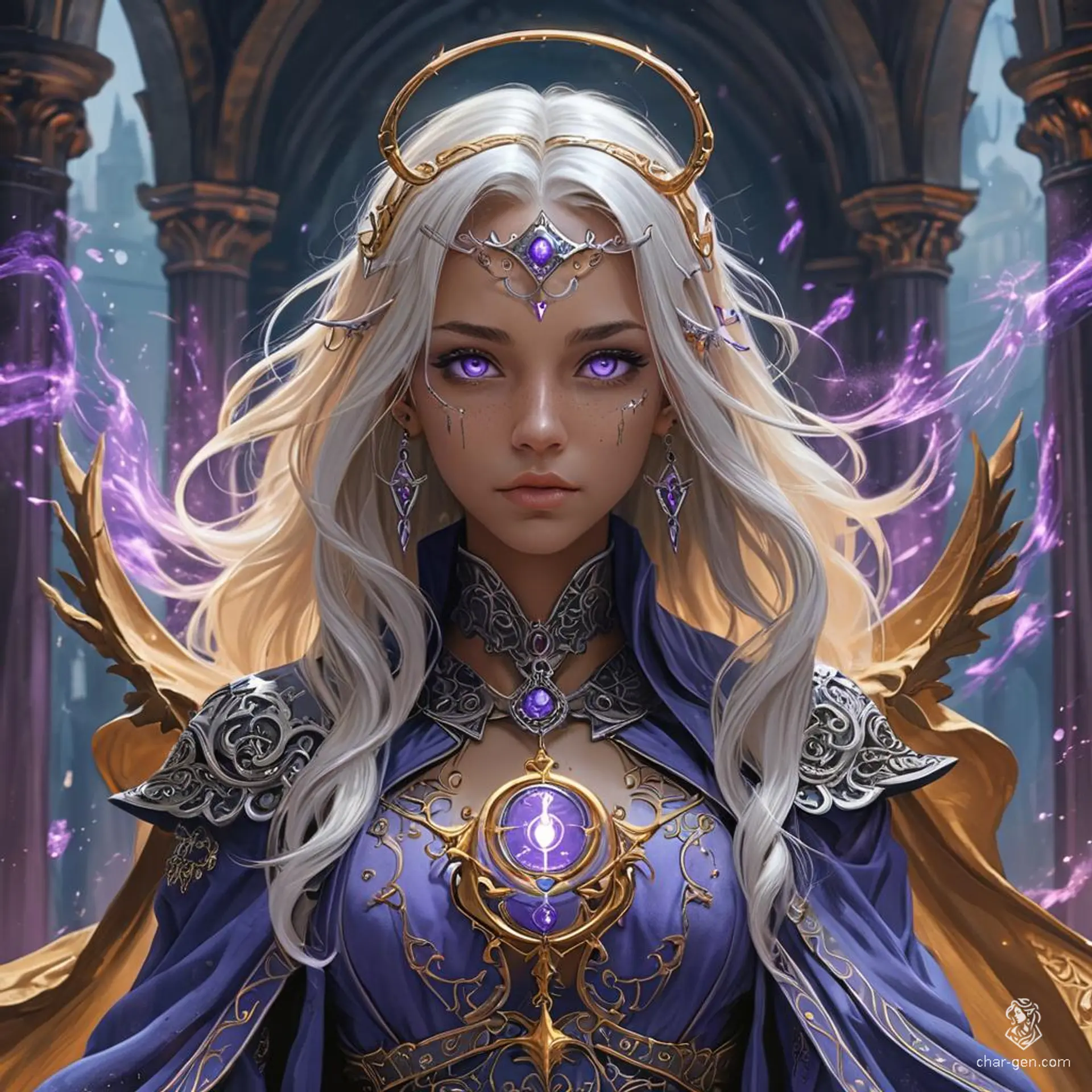 A tan-skinned female aasimar sorcerer with a subtle holy glow, violet eyes, and silver hair. Clad in flowing blue robes, she features angelic qualities and arcane sigils, emitting an aura of powerful magic.