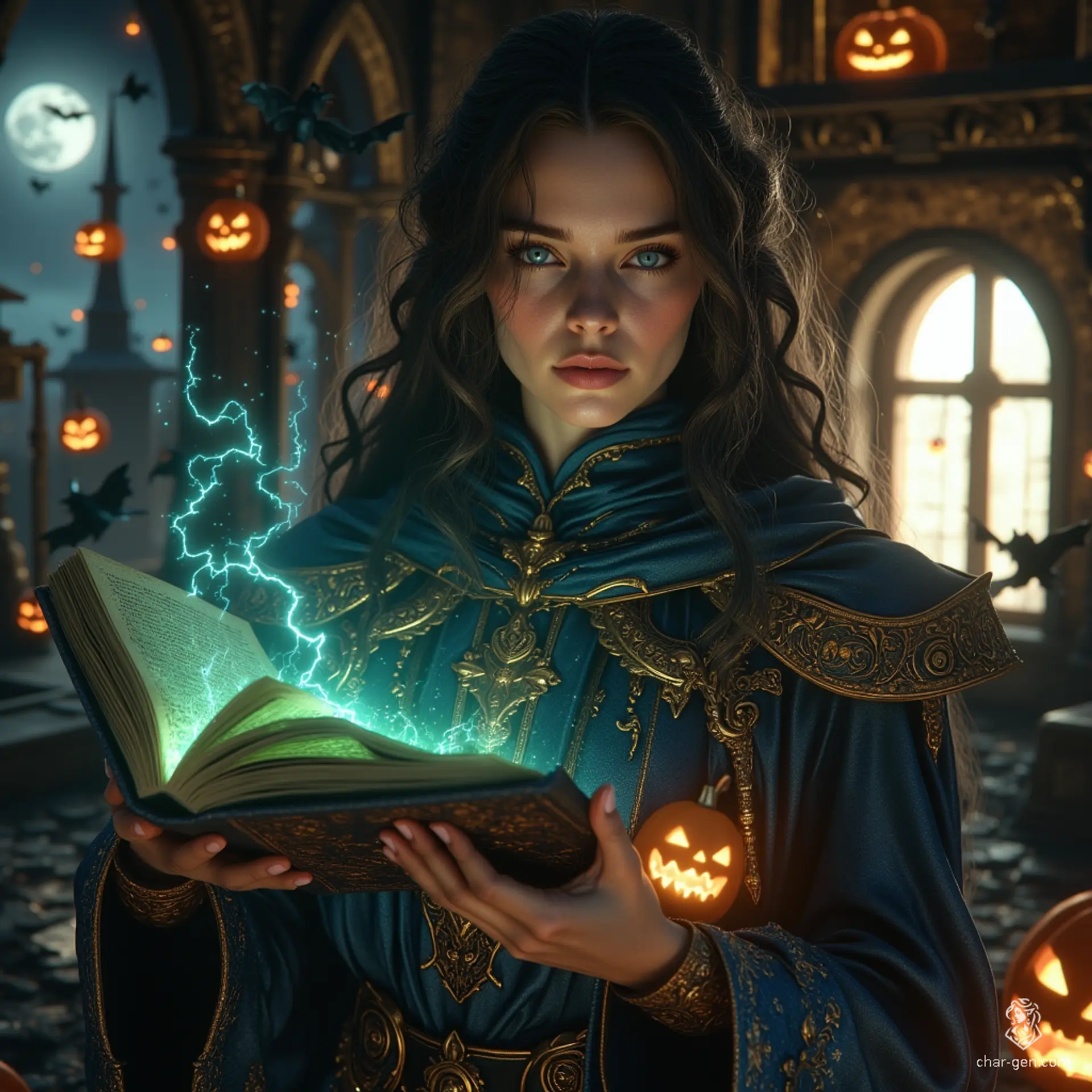 Elara the Arcane, a master wizard, wields a staff crowned with a glowing crystal and adorned in enchanted robes etched with intricate sigils. Her magical tome, filled with ancient spells, floats beside her, radiating an aura of wisdom and power that captivates all who gaze upon her.