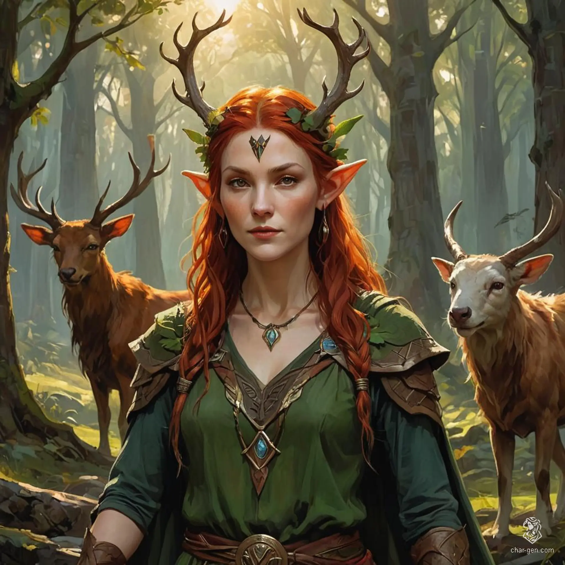 Keyleth, a 17-year-old Half-Elven Druid, is from the Air tribe of the Ashari people. Marked by her cherry-red hair and deep brown eyes, she possesses extreme wisdom despite lacking strength, agility, and charm. Raised to lead, she embarks on the Aramente to prove her connection to nature and elemental magic.