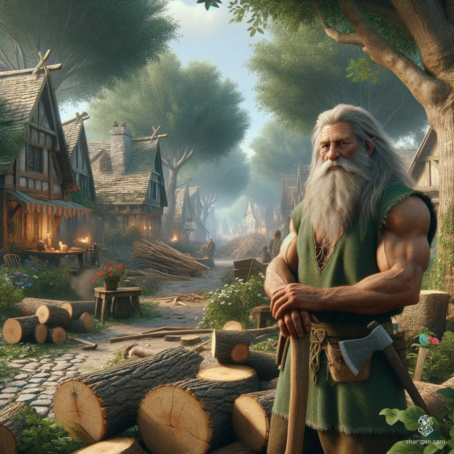 An old wood elf with long, smoky grey hair and tan, olive-toned skin, works as a woodcutter amidst fallen trees and the scent of fresh timber. Dressed in simple green clothes, he wields a strong axe with simple forest tents as his backdrop.