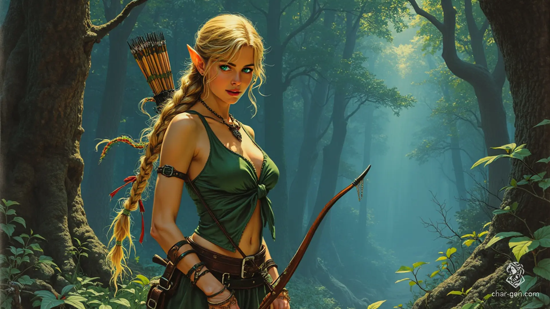 An enchanting female elf ranger with golden blonde hair braided with vines and flowers, a slender figure in a green tunic and brown leather straps. She stands confidently, one hand on her hip, the other drawing an arrow, her emerald eyes sparkling mischievously. Her flawless, fair sun-kissed skin contrasts sharply with the vibrant, magical forest around her.