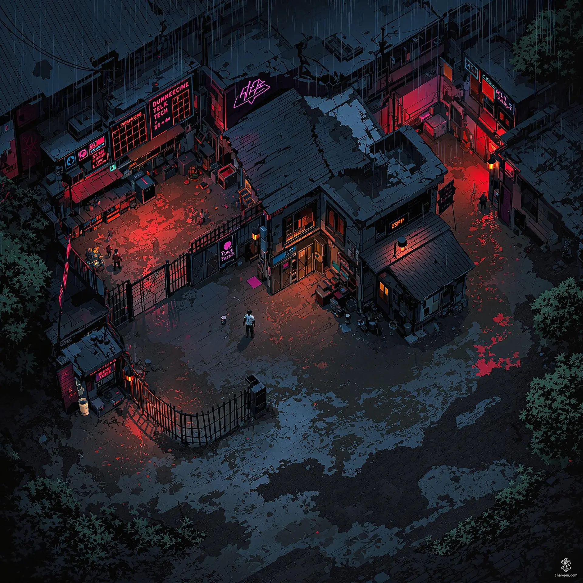 Nestled in a rain-soaked cyberpunk district, this horse stable complex blends decaying urban grit with flickering neon. Restless cyber-steeds stir beneath dim dormitories, while a hidden office conceals clandestine deals. Scattered tools, damaged fences, and lurking surveillance hint at traps and secrets waiting in shadowed alleys.