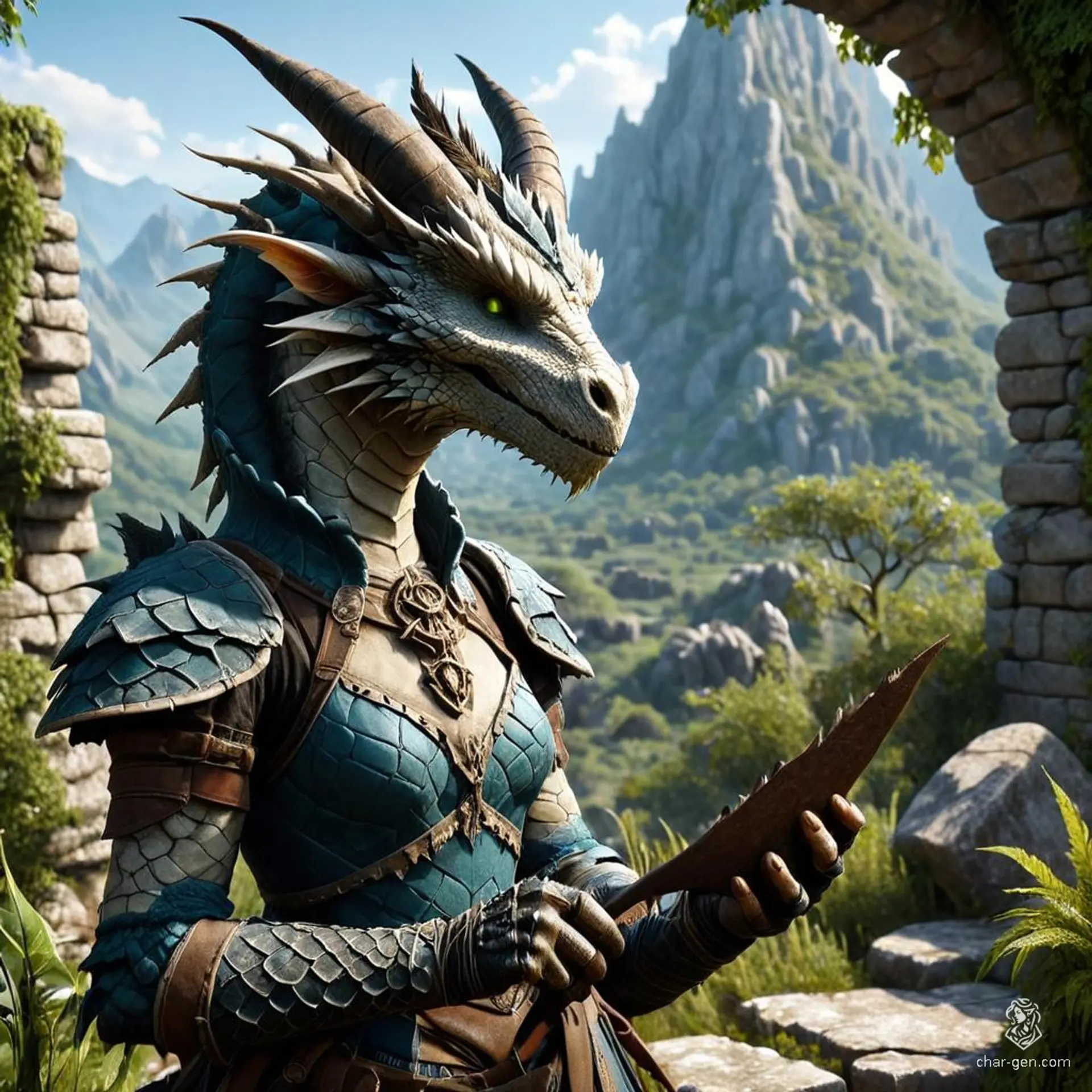 A female dragonborn archaeologist, this character boasts dragon-like features including a snout, scales, frilled ears, small horns, and a crested dragon head. Passionate and meticulous, she unearths ancient mysteries with unparalleled expertise.