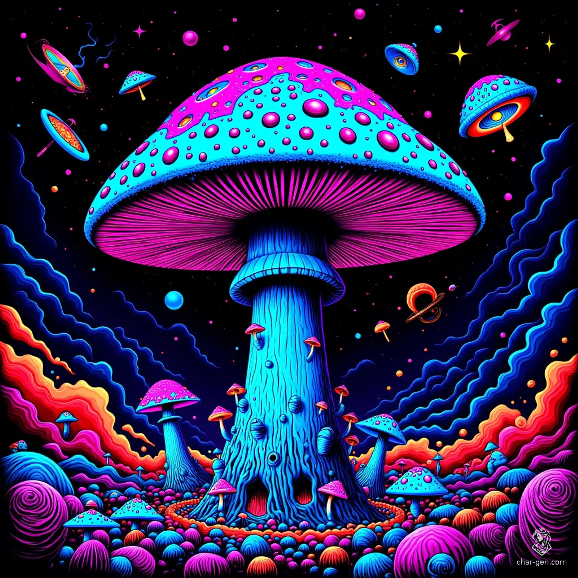 Beneath a star-studded sky, a colossal mushroom towers with an otherworldly glow. Its cap, dotted like a UFO’s facade, hides silhouettes of aliens peering through luminous windows. A translucent blue stem drips sap, resembling a beam of ethereal light, trapping secrets of the cosmos within its vibrant embrace.