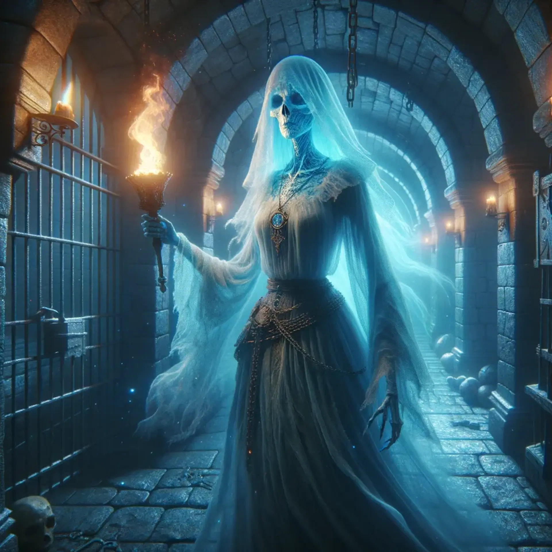 The spectral figure, a female ghost adorned in tattered wizard robes, boasts an ethereal, translucent blue form. With her distinct blue skin, she glides gracefully, effortlessly passing through walls, leaving an aura of mystery and magic in her wake. A haunting presence of the arcane.