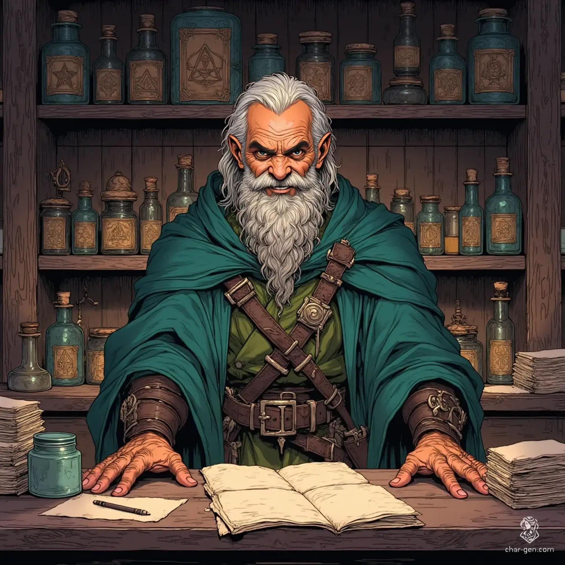 In a whimsical magical shop, an ancient wizard with a haggard, wrinkled face and long grey hair manages a plethora of enchanting goods. Unexpectedly cheerful despite his feeble frame, he skillfully barters behind the counter, revealing a twinkle in his light-skinned complexion and an enchanted tome nearby. 