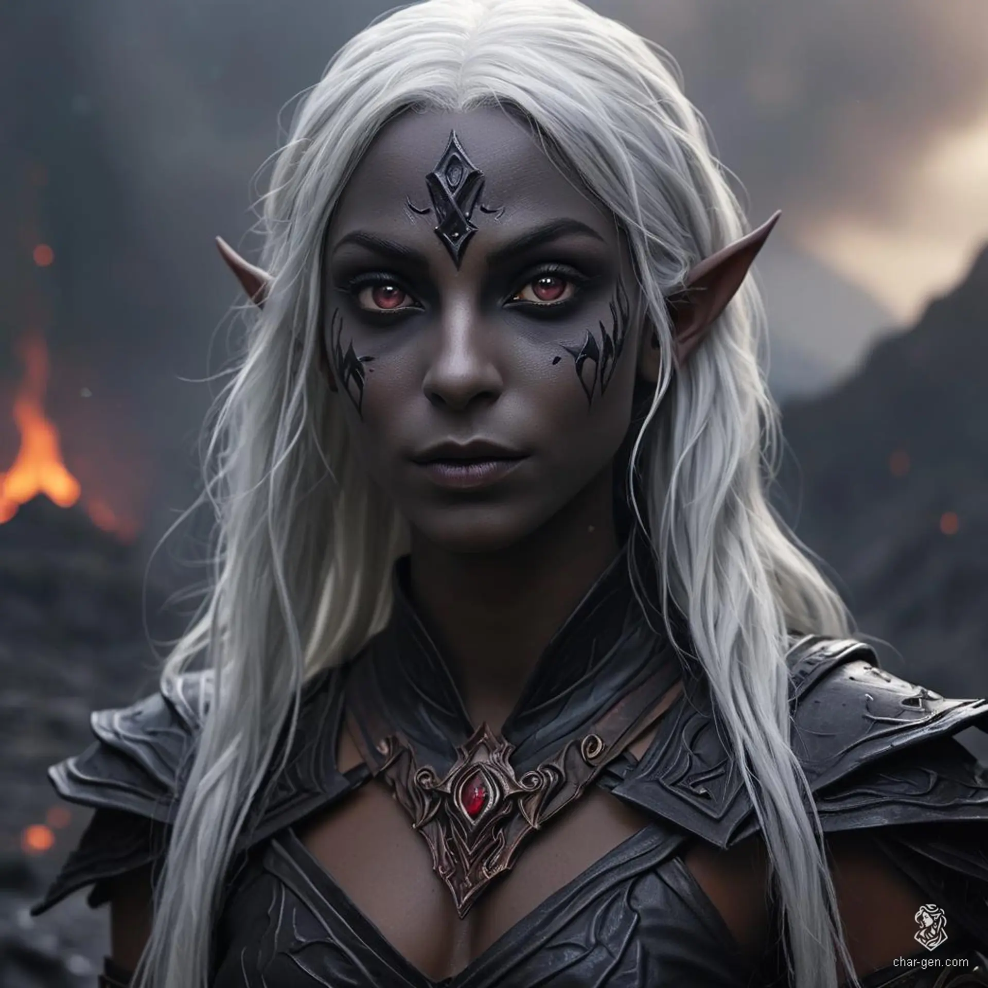 A serene and fluid dark elf monk, with striking tan-grey skin and contrasting bright white, long hair. Her calm expression and toned physique are complemented by deep purple eyes. A poised and disciplined female warrior.