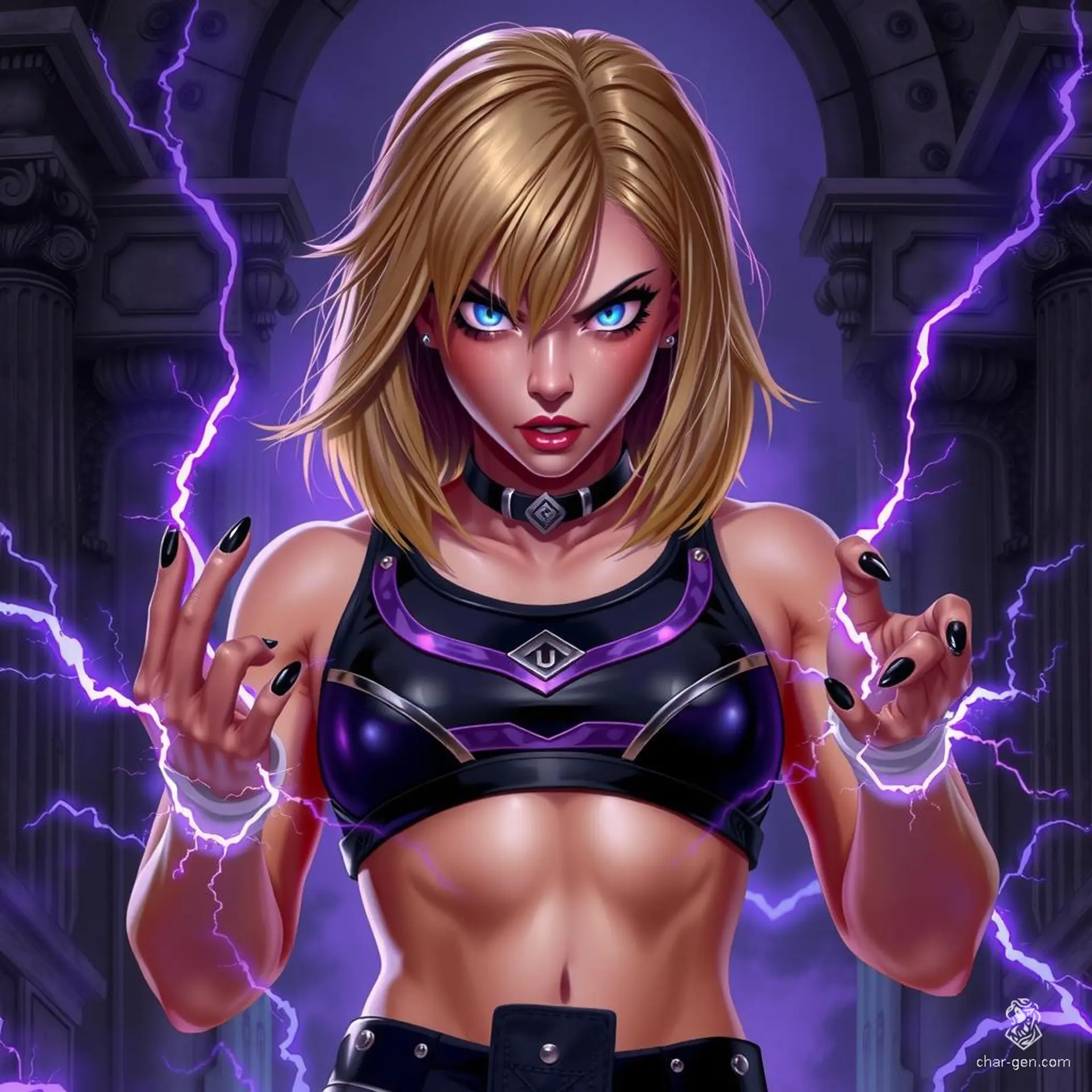 A fierce young warrior, she stands in a dark temple with shoulder-length golden hair and piercing white eyes. Her muscled abs glisten under the flickering purple lightning. Dressed in a black and purple leather crop top, black fingernails crackle with electricity as purple mist swirls around her, amplifying her formidable presence.