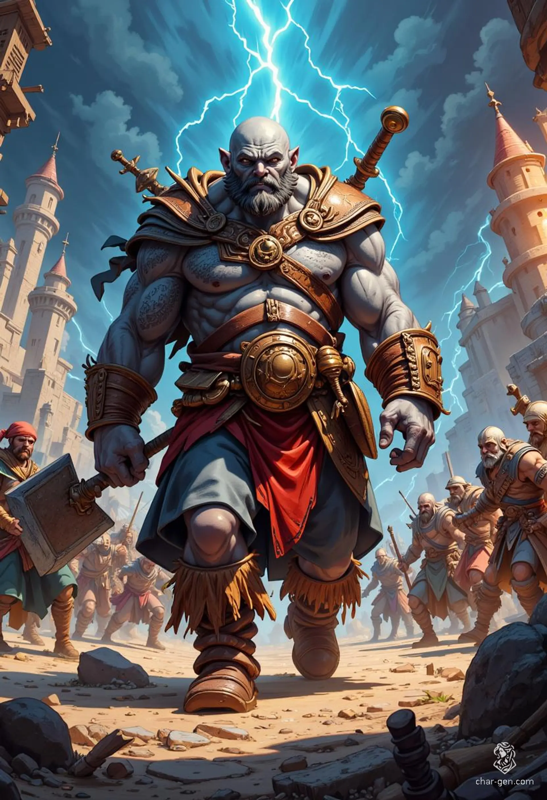 Grog Strongjaw is an 8'7" half-giant goliath barbarian with rugged gray skin and an enormous build. Exiled for sparing a gnome, he wields a great axe and embodies strength over intellect, reveling in tavern brawls and hearty ale alongside newfound friends.