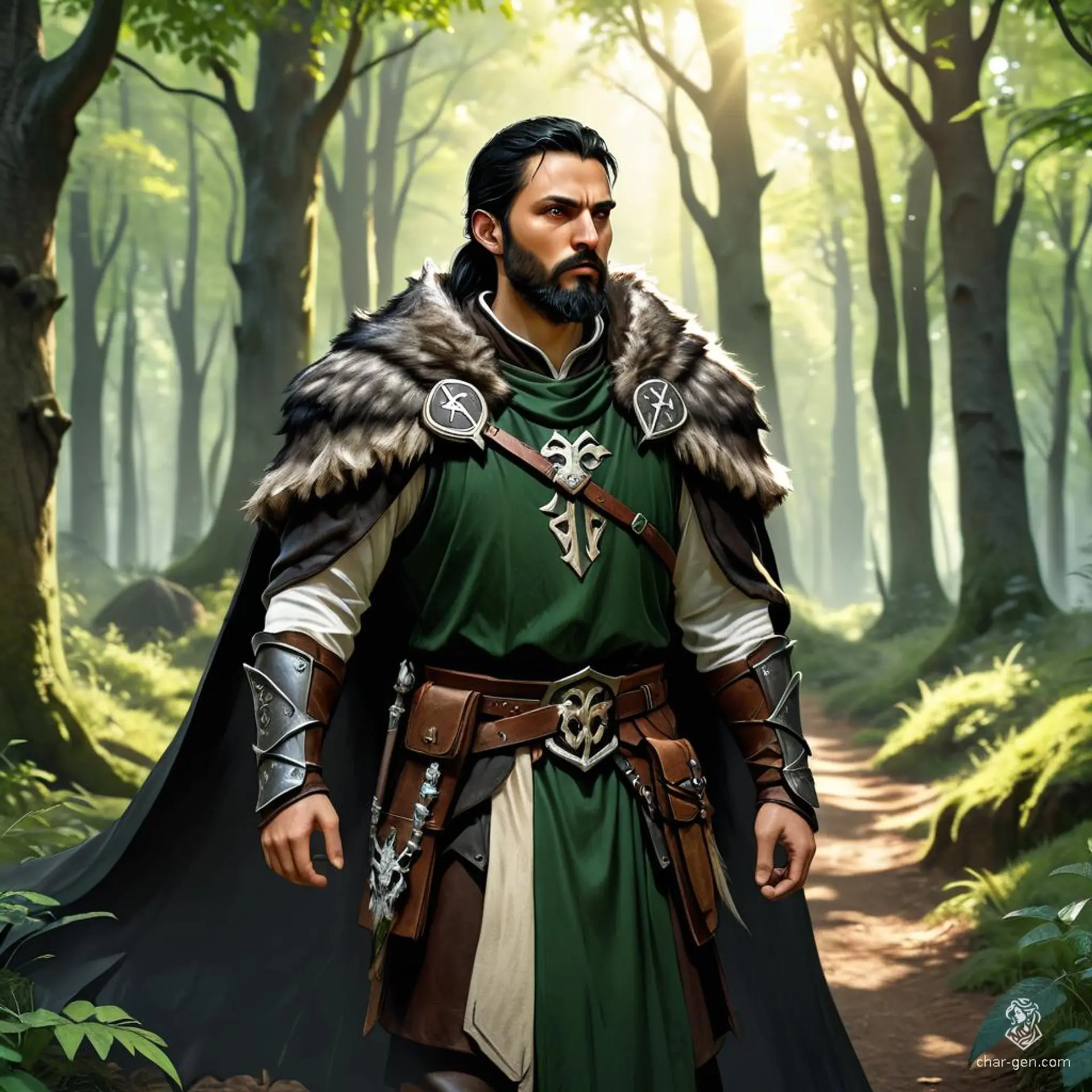 A serene male cleric with a prominent holy symbol, tan skin, and black hair tied in a ponytail. Wielding a strong presence, he dons a brown leather armor with a wolf fur cloak and sports a sturdy beard.