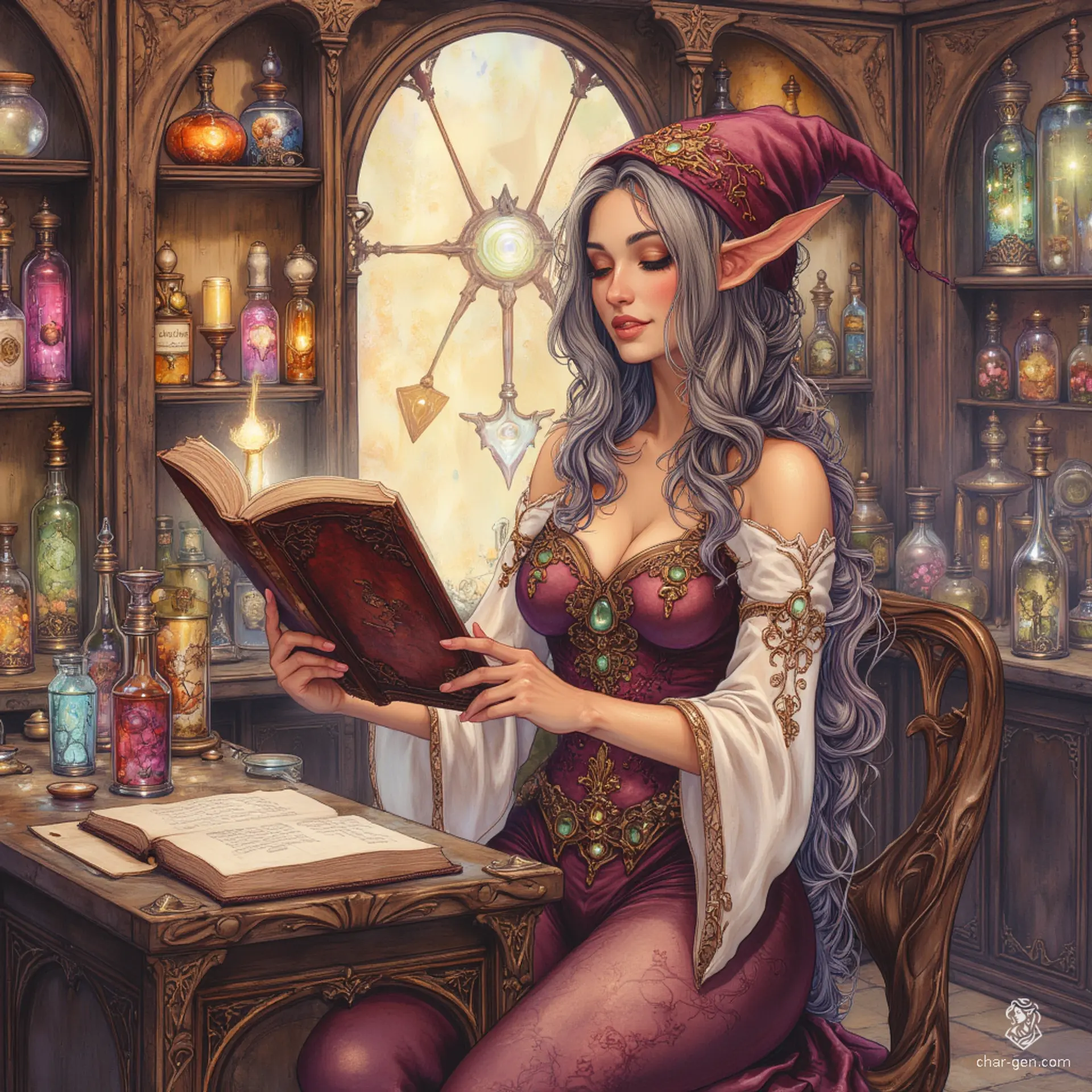 Maryam, the Apothecary Witch, is a wise and charming older elf with tanned skin and playful wrinkles. Her tea-colored hair, streaked with grey, is pulled into a loose ponytail, while her inquisitive topaz eyes sparkle behind rimless spectacles. Surrounded by herbs and potions, she balances professionalism with a zest for exploration.