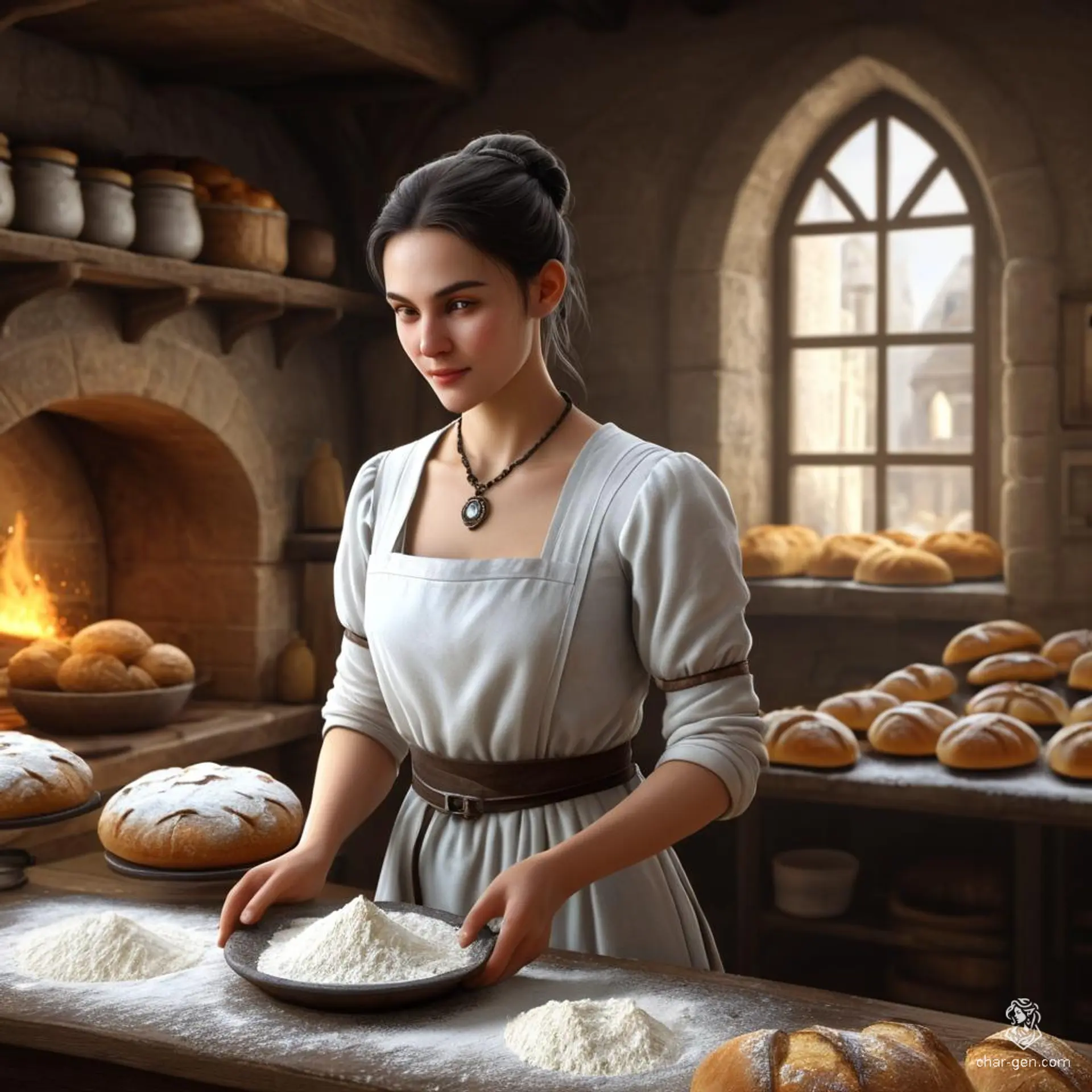 In a medieval bakery filled with the warm scent of fresh bread, a serene young female cleric with light skin and hair in a bun works as a baker. Covered in flour, she stands amidst ovens and loaves, her prominent holy symbol reflecting her divine purpose.