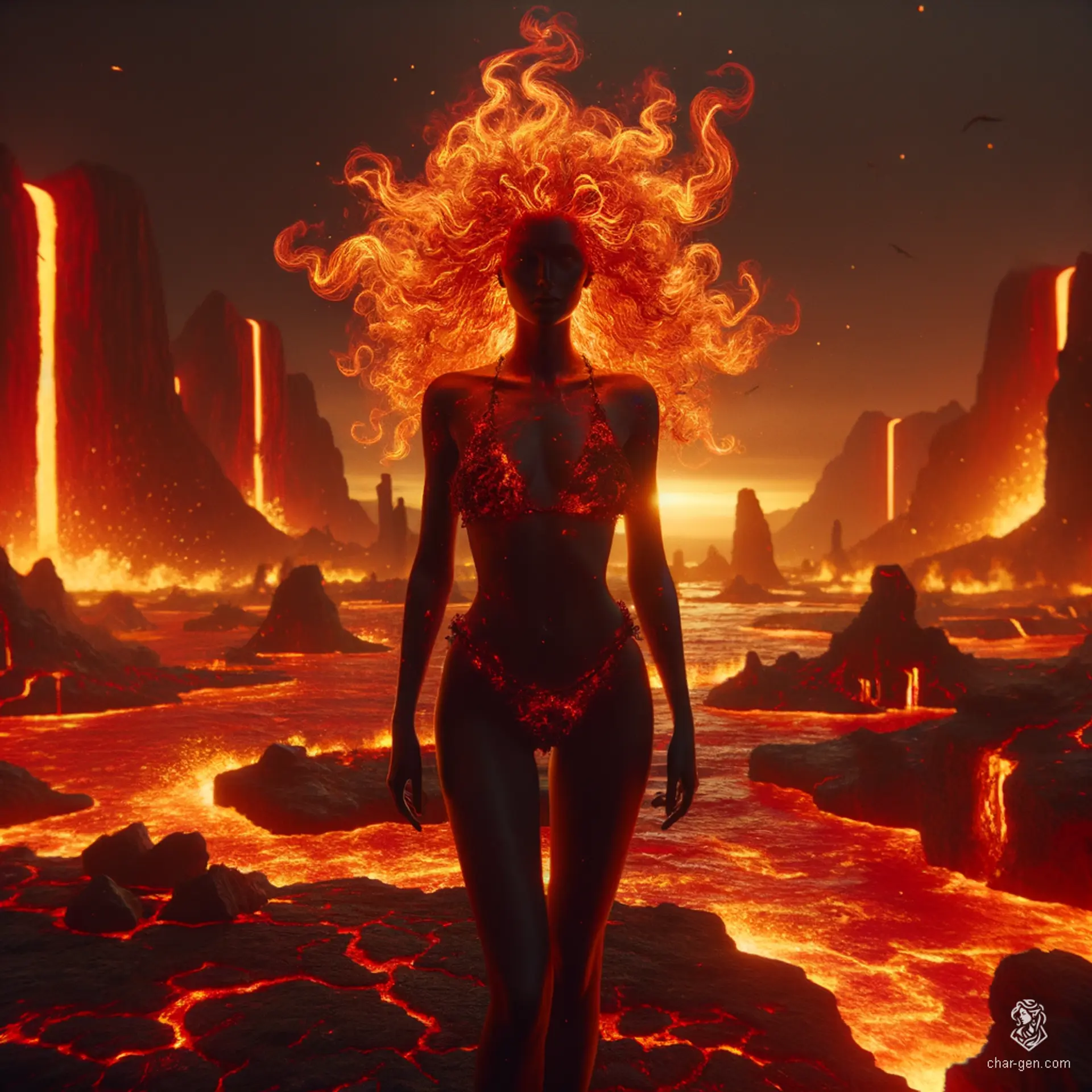A fiery female genasi barbarian, this hybrid human boasts dark red, tan skin, and hair cascading in flaming braids. Her rugged, wild demeanor is accentuated by a barely-there bikini, the flaming nebula effects enhancing her fierce, elemental presence.