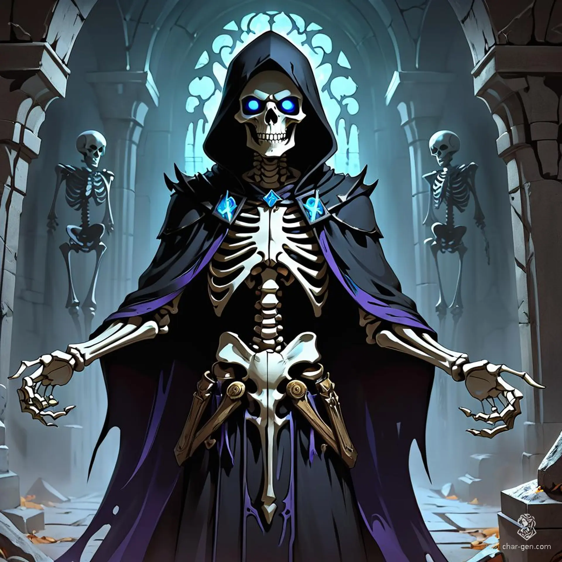 The Dark-Mage is a powerful, ancient lich clad in black robes that lurks in crypts. With piercing bright eyes under a hood, its hidden skeletal face emanates foreboding blue magical power, striking fear into all who dare approach.
