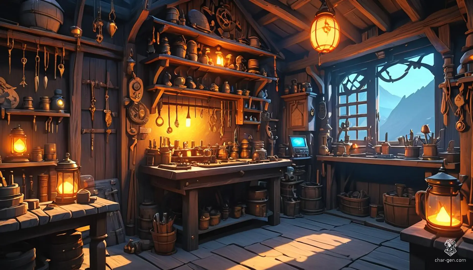 A high fantasy tinker's workshop brims with intricate gadgets and glowing magical artifacts. Warm light bathes the inviting, Ghibli-inspired shack, radiating innovation and wonder. Shelves are filled with mysterious contraptions, evoking a sense of endless possibility.