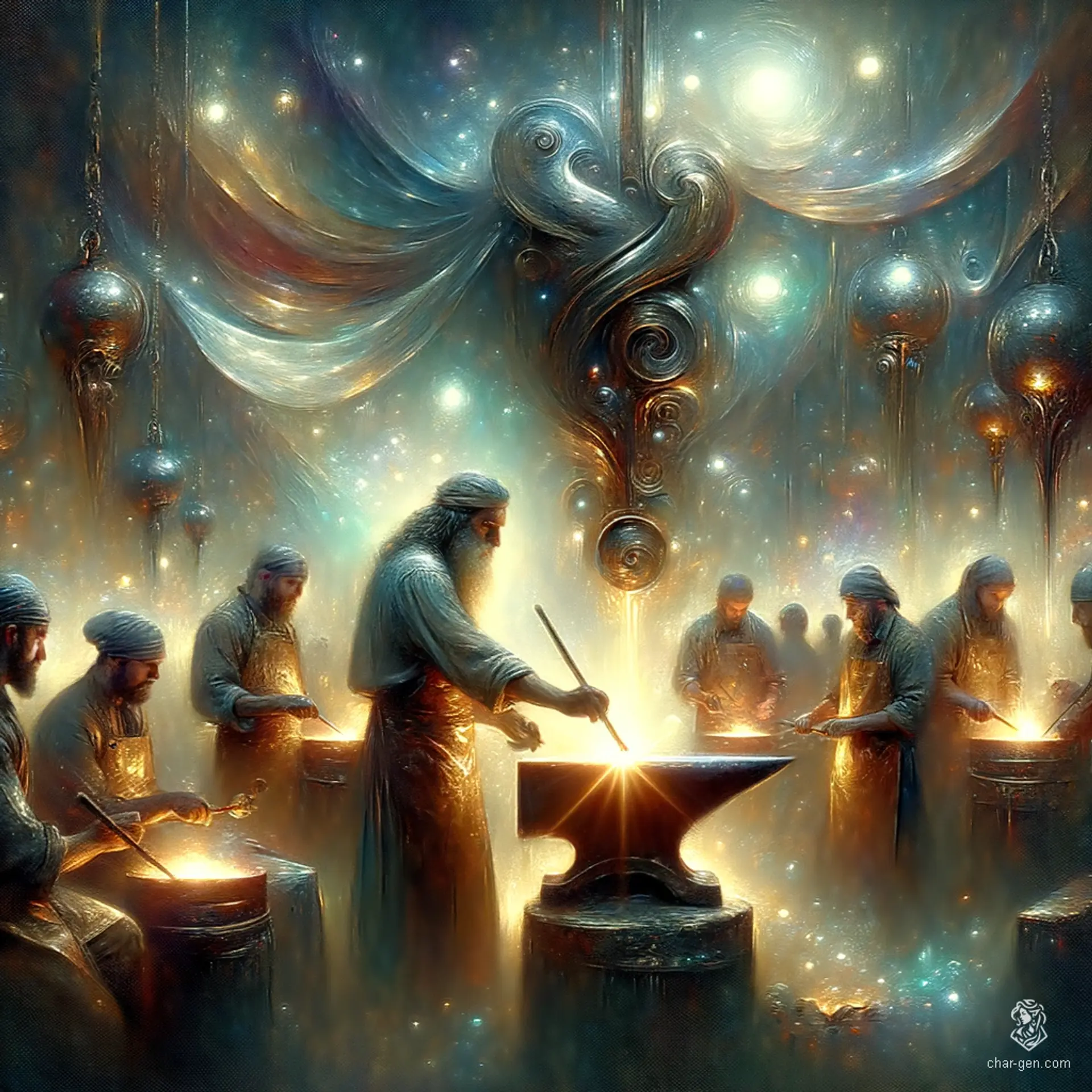 This fantasy character is a master blacksmith set in a magical realm, brought to life through digital oil-painting with smooth, flowing brushstrokes. Hyper-realistic textures and luminous colors create a dreamlike quality. The scene is rich in painterly shading, dynamic lighting, and ethereal glow, evoking a mystical, cinematic high-fantasy ambiance.