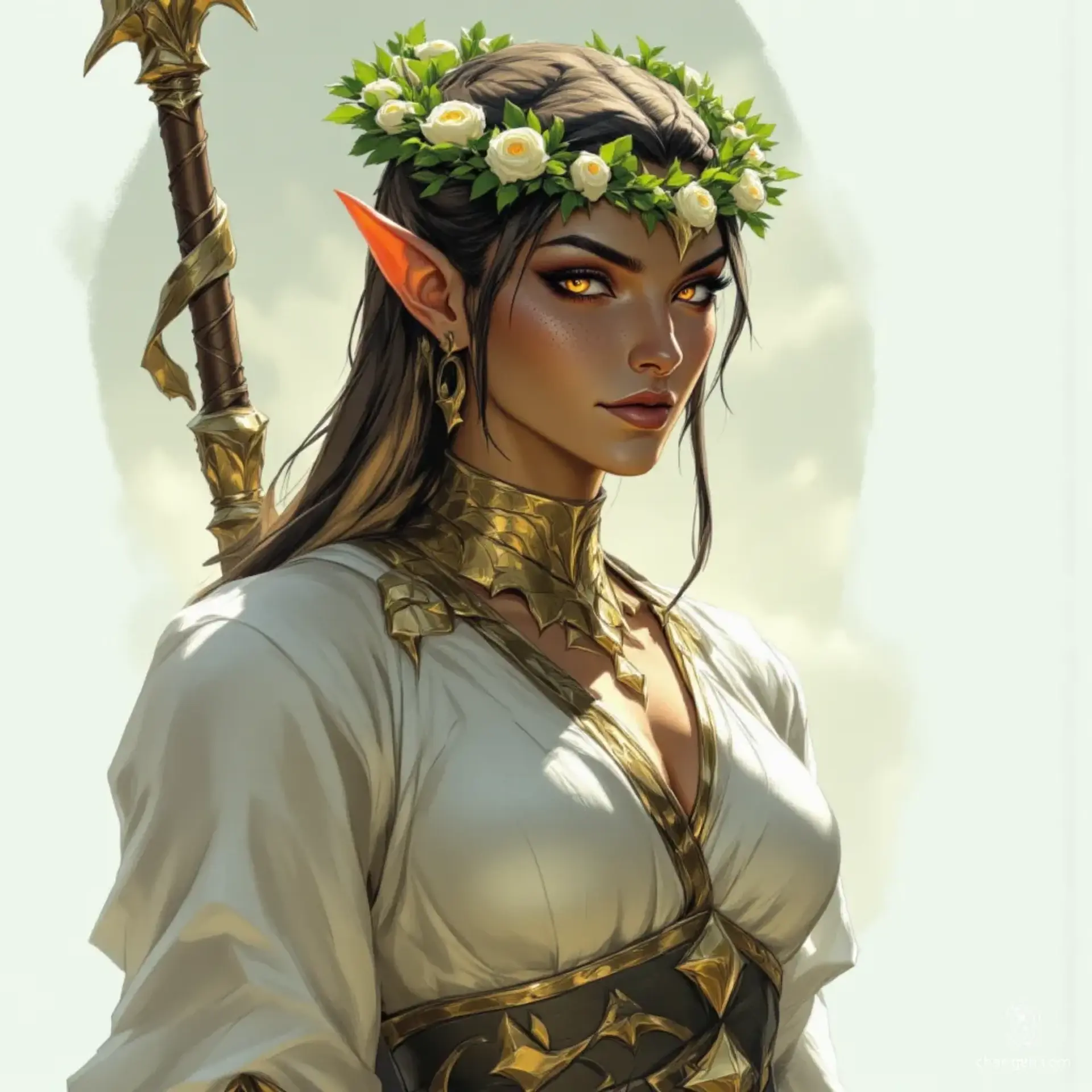 Queen Elowen is a stunning middle-aged elf with striking white eyes and long, straight light brown hair adorned with a wreath of green leaves and delicate white roses. Her calm demeanor is framed by elegant gold hoop earrings and a richly embroidered white kyrtill, complemented by a gold choker adorning her graceful neck.