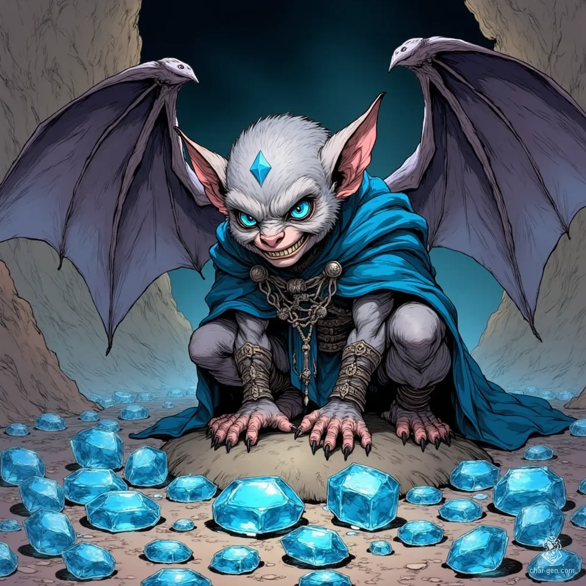 Perched on a conical rock, the king of the grey imps exudes mischief and charm. With a bald head, large pointed ears, and wide blue eyes filled with amusement, his devious grin reveals a playful demeanor. Surrounded by sparkling gems, he embodies both friendliness and fiendish flair.