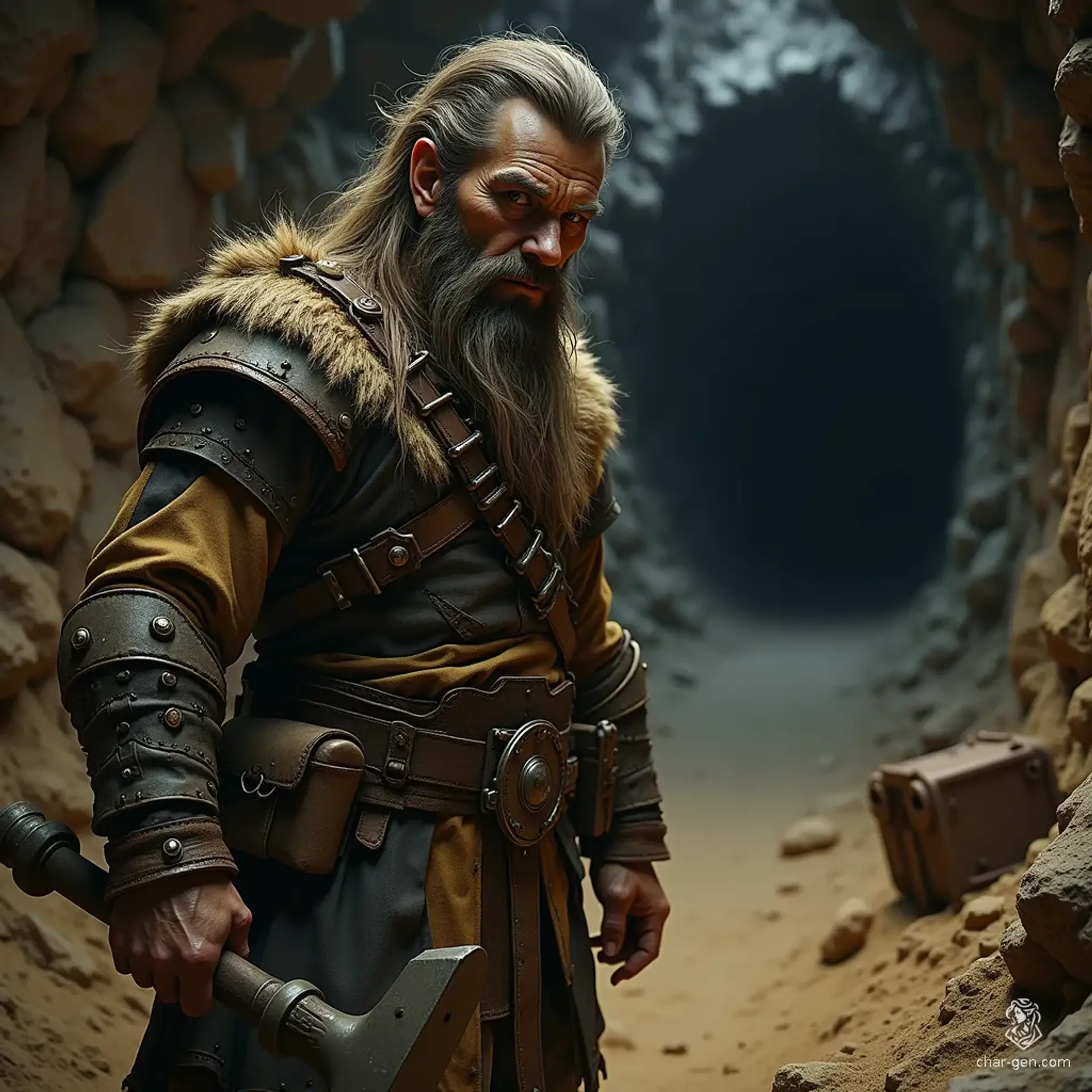 Duruk Ironfoot, a rugged dwarf miner, tirelessly delves into the earth, his pickaxe striking true against stone. Covered in dust and grit, he unearths precious ores and gems, embodying the spirit of resilience and craftsmanship that defines his clan. In the shadows of the mountain, he thrives.