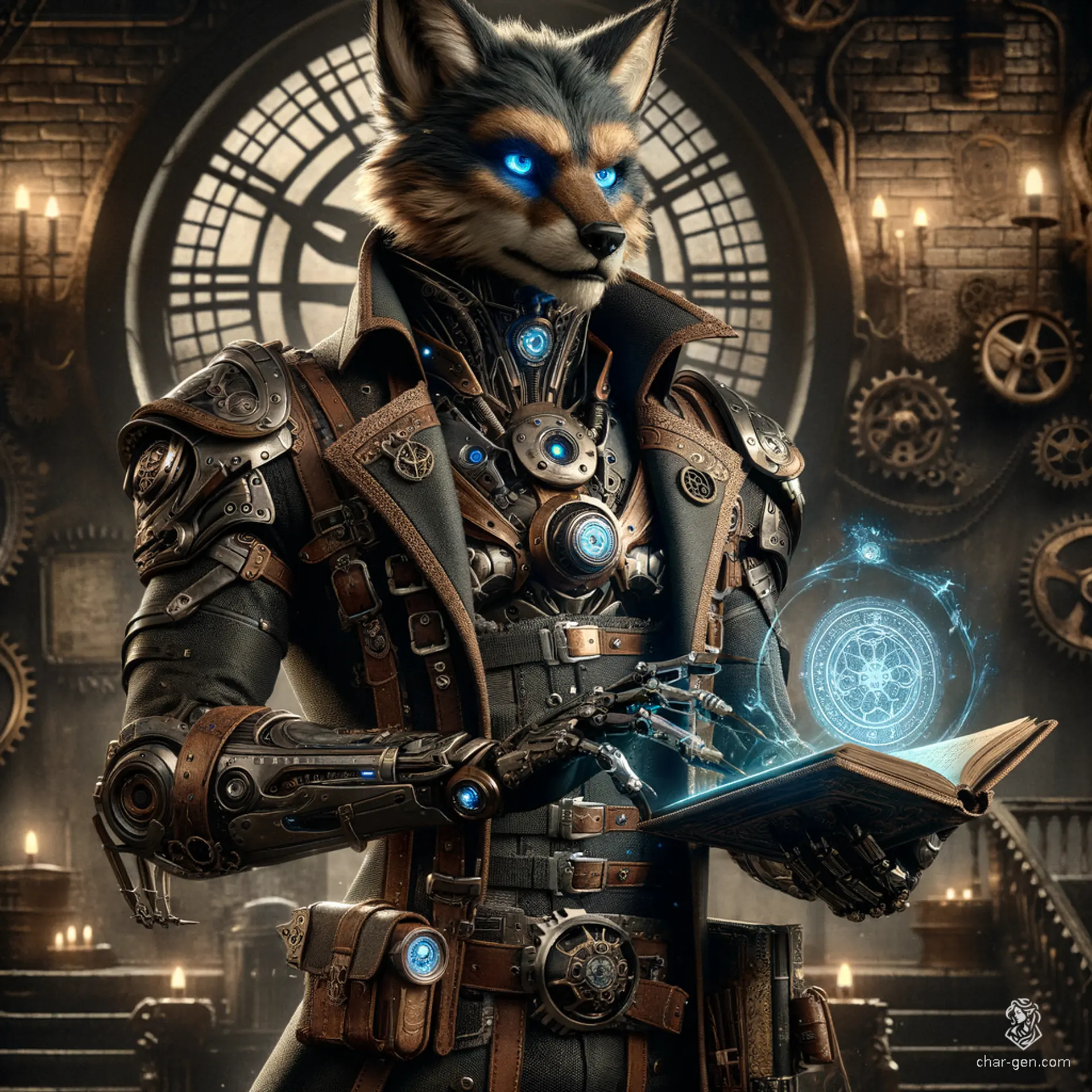 McFlippis Placeholder, a nimble and intelligent 9-year-old warforged wizard, stands at 6'2" with a medium build. This humanoid jackal, crafted from dark metal and wood, dons intricately detailed leather armor and wields a magical tome or staff. With cobalt blue eyes, McFlippis values personal agency and seeks to reclaim or redefine their identity.