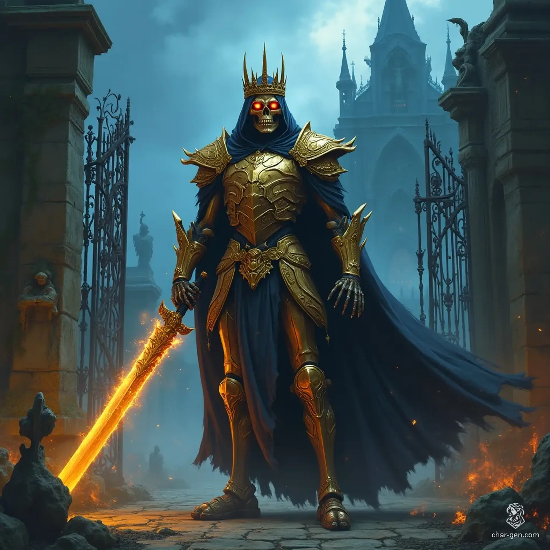 A fearsome skeletal warrior clad in ornate golden armor embossed with skull motifs, crowned and wielding a glowing sword. Draped in a dark cape, it stands amid a haunted gothic landscape, surrounded by eerie blue mist and flickering flames, embodying dark majesty and deadly power.
