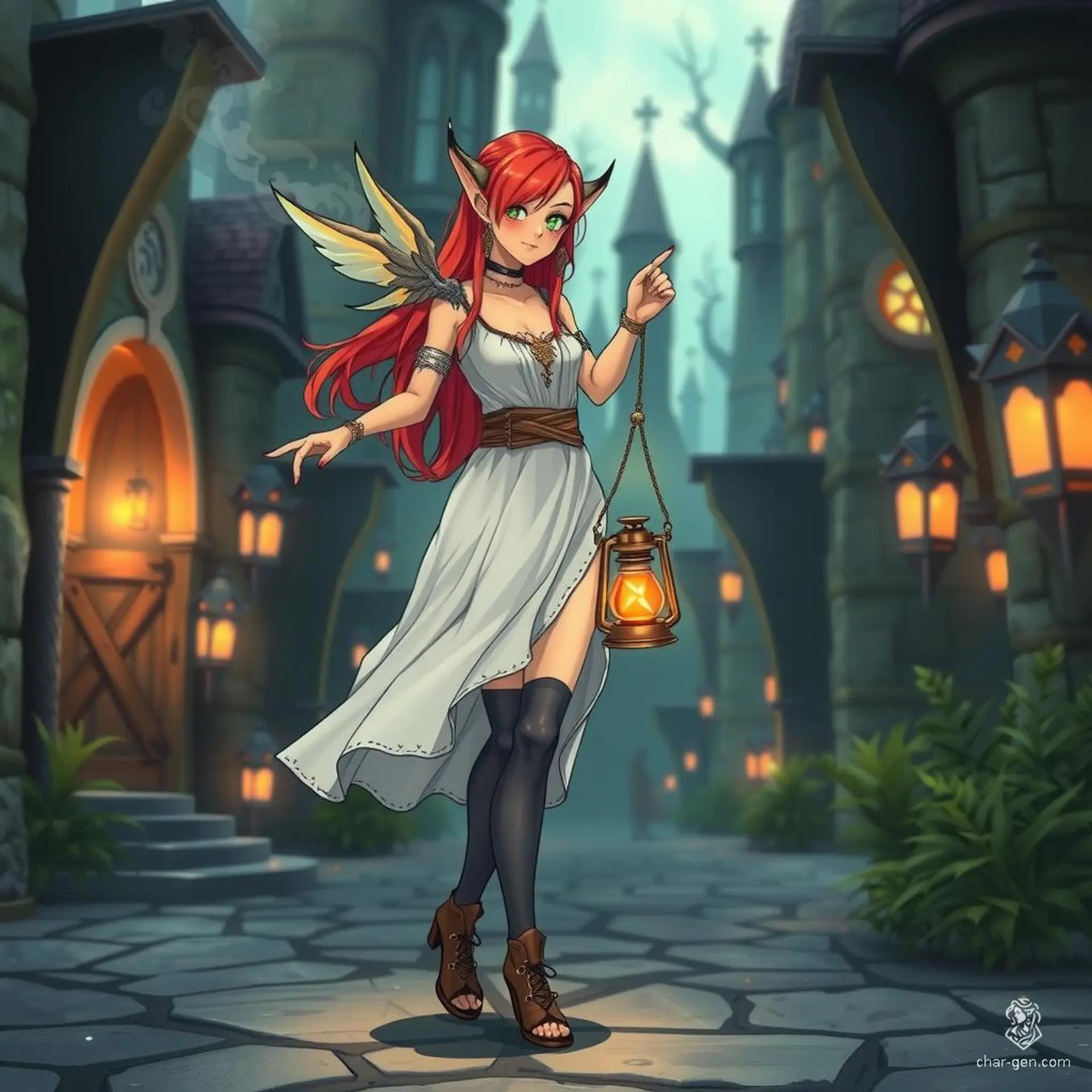 A 30-year-old elf woman with alternative-styled ginger red hair covering one glowing green eye strides through a mystical elf city. Wearing a white anime-style sorceress dress paired with tall socks and heels, her long, pointy ears adorned with multiple piercings, she carries a magic lantern in a dynamic pose.