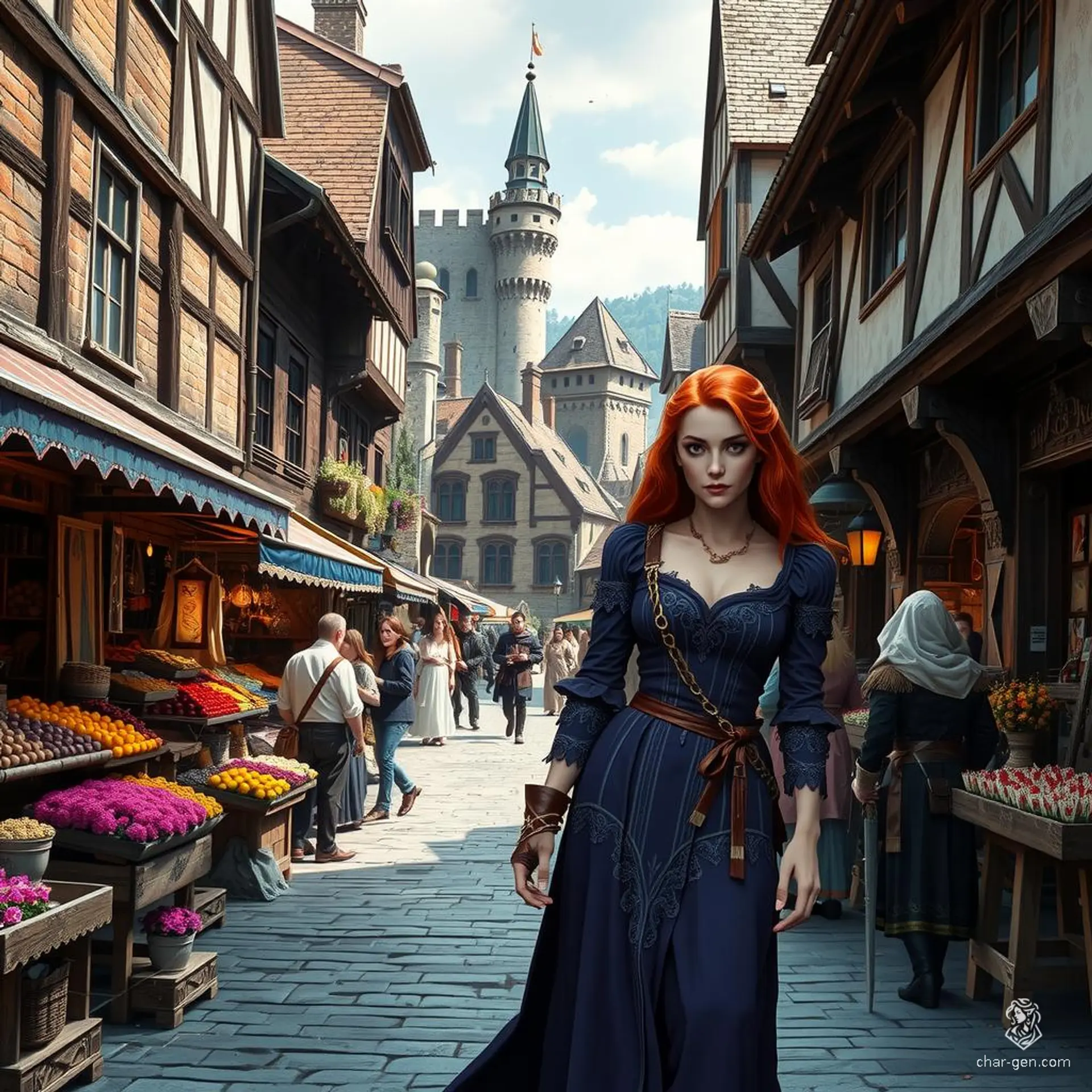 In a medieval town bathed in twilight, cobblestone streets buzz with the echo of footsteps. A 22-year-old woman with flowing copper hair, adorned in a regal purple dress, traverses the enchanting alleys lined with ivy-clad stone buildings, their windows aglow with golden light.