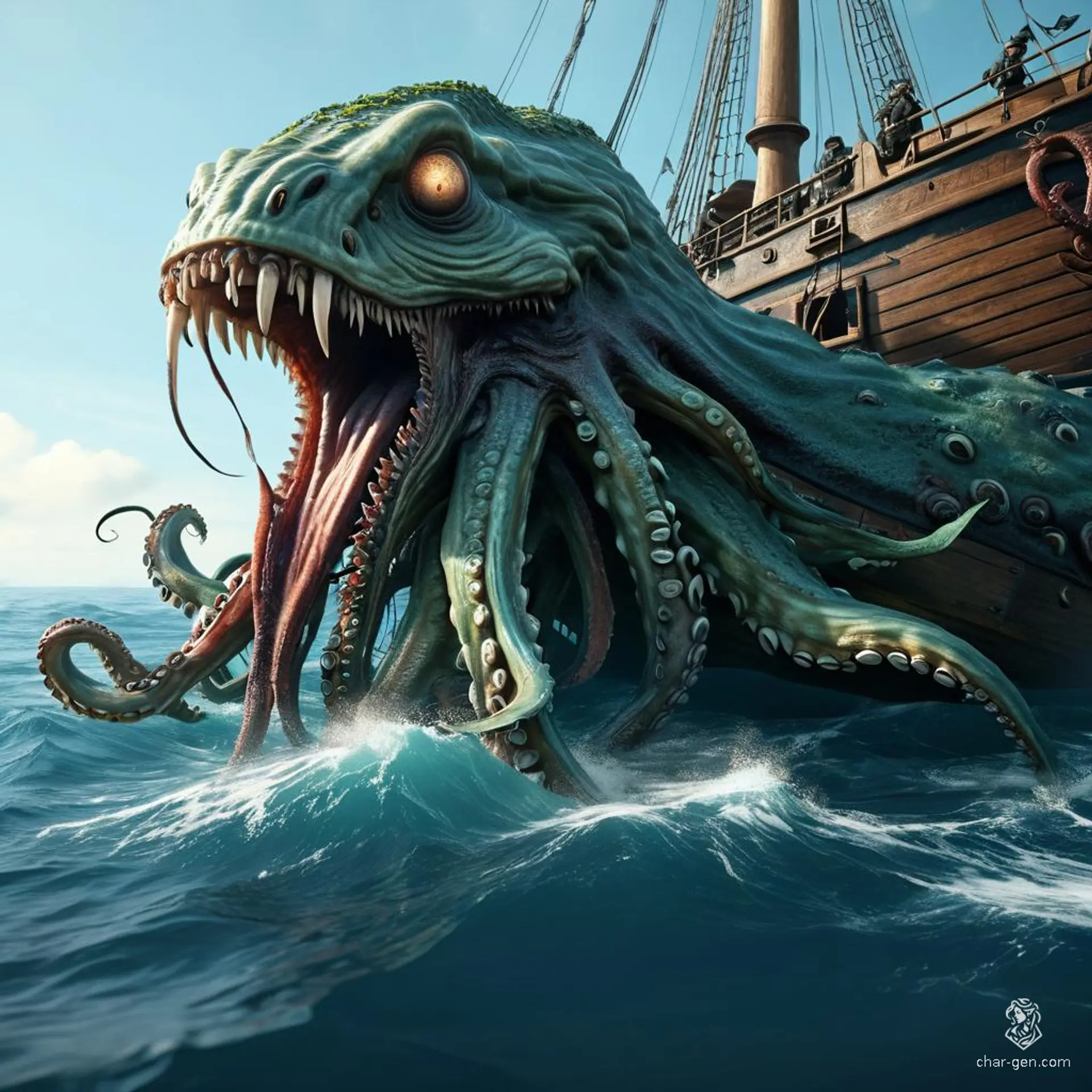 The Kraken is a colossal sea monster, featuring immense tentacles and a formidable beak-like mouth. Its sheer size and power are legendary, making it a terrifying creature of the deep, capable of dragging entire ships beneath the waves.